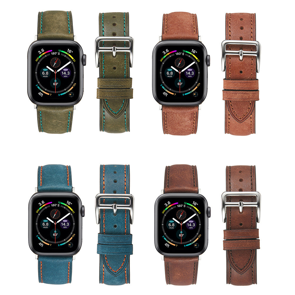 Smartwatch with interchangeable leather bands in olive, tan, and cognac with contrast stitching