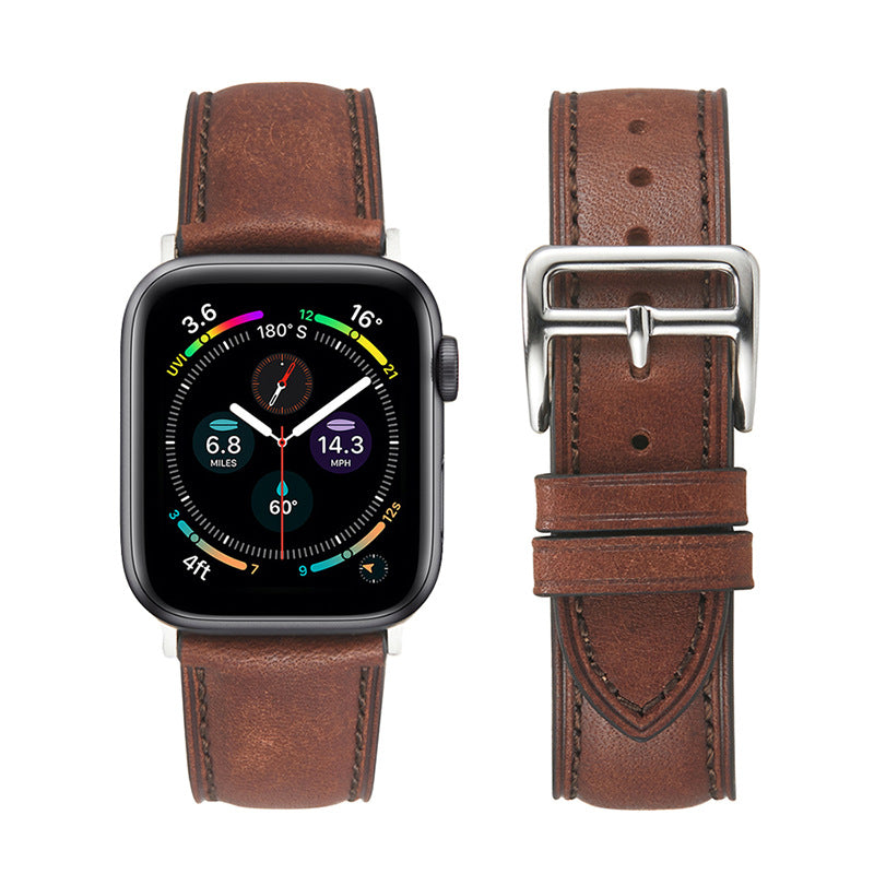Modern Italian leather brown watch band for Apple Watch with silver buckle, front and back view