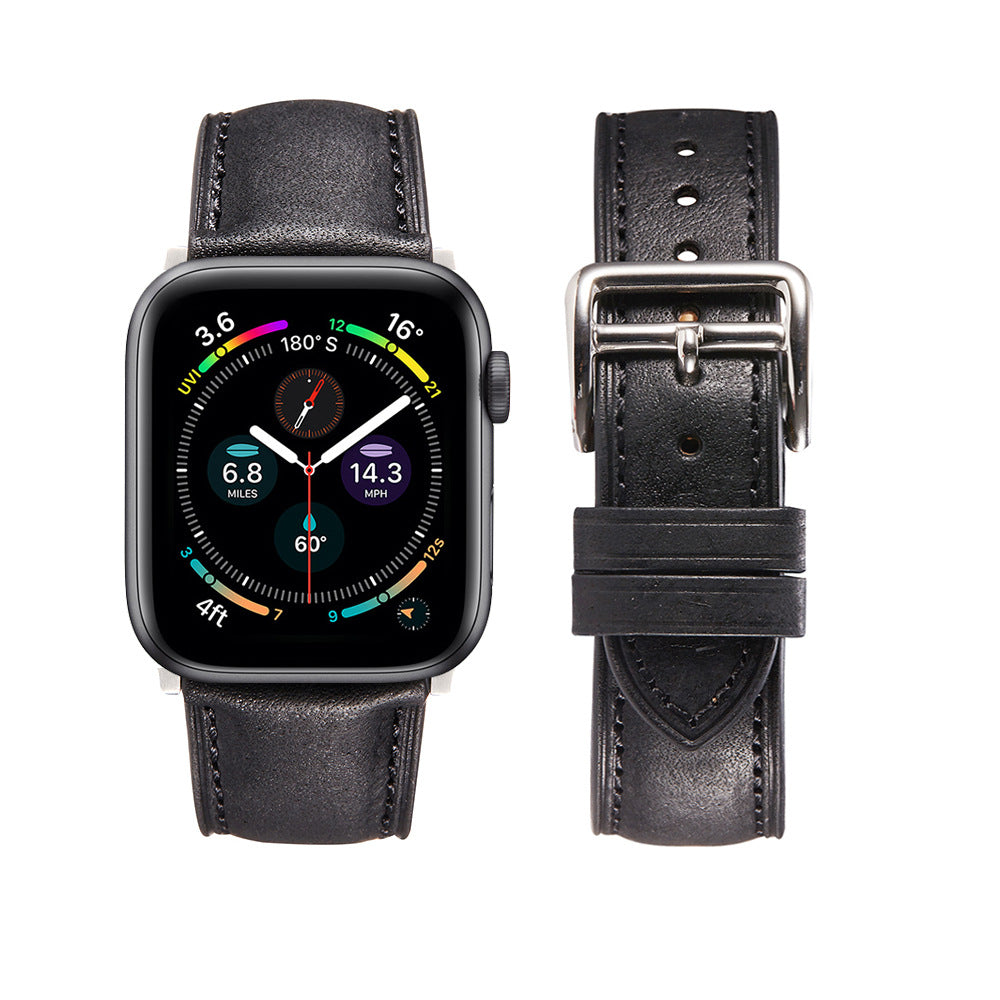 Black leather smartwatch band for Apple Watch with silver buckle, front and back view