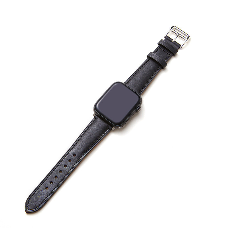 Black leather smartwatch band with silver buckle for Apple Watch, Italian leather strap with adjustable fit