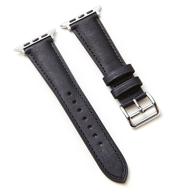 Black leather Apple Watch band with silver buckle and connector, shown in two angles