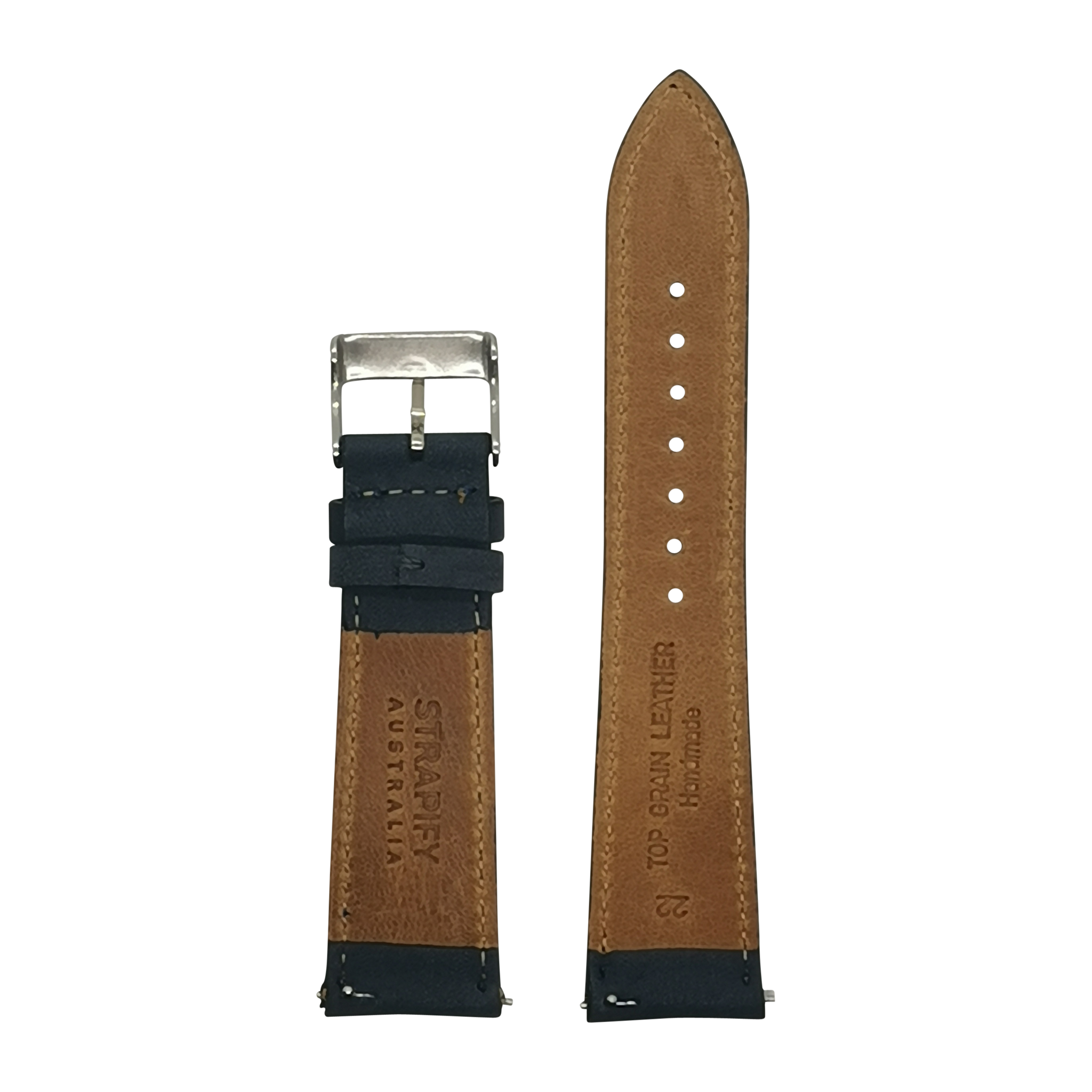 Quick release nubuck leather watch band in navy blue with tan suede back and silver buckle