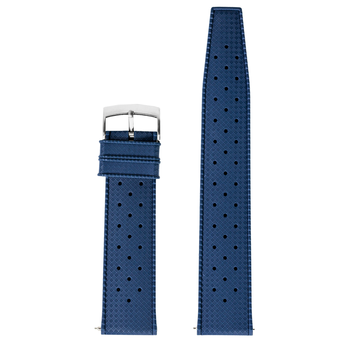 Blue perforated FKM rubber Apple Watch band with silver buckle and herringbone texture pattern