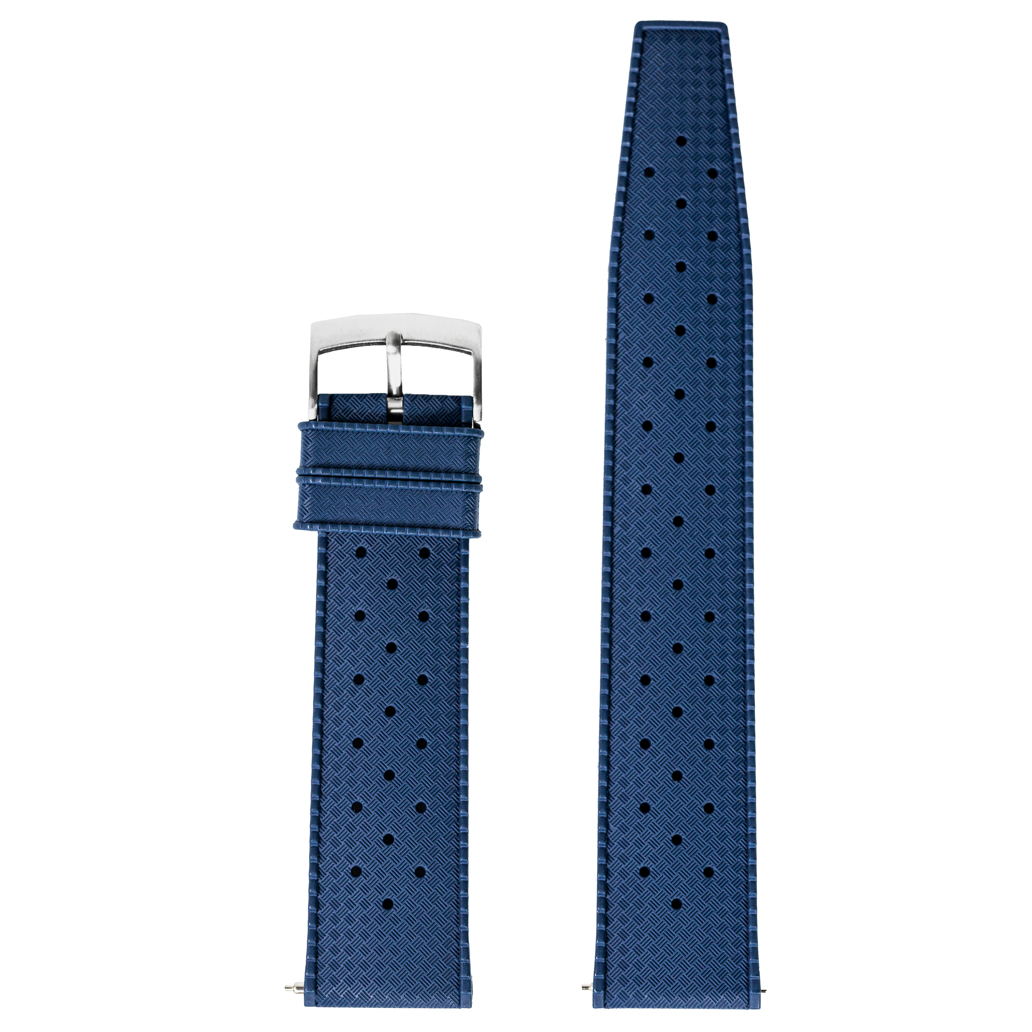 Navy blue perforated FKM rubber watch strap with quick-fit pins and stainless steel buckle, 20mm width