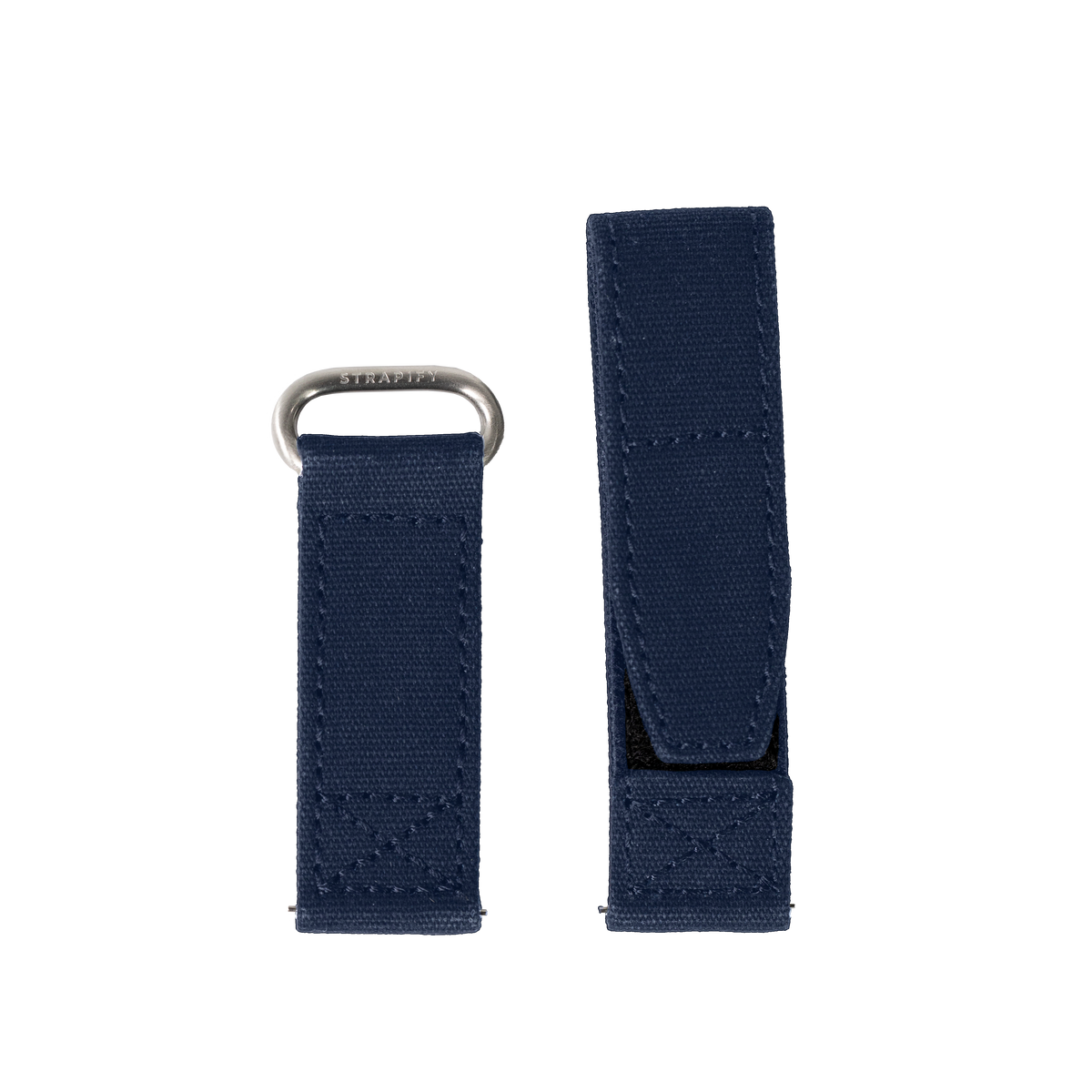 Navy blue military-style velcro watch band with metal D-ring hardware and adjustable closure for Apple Watch