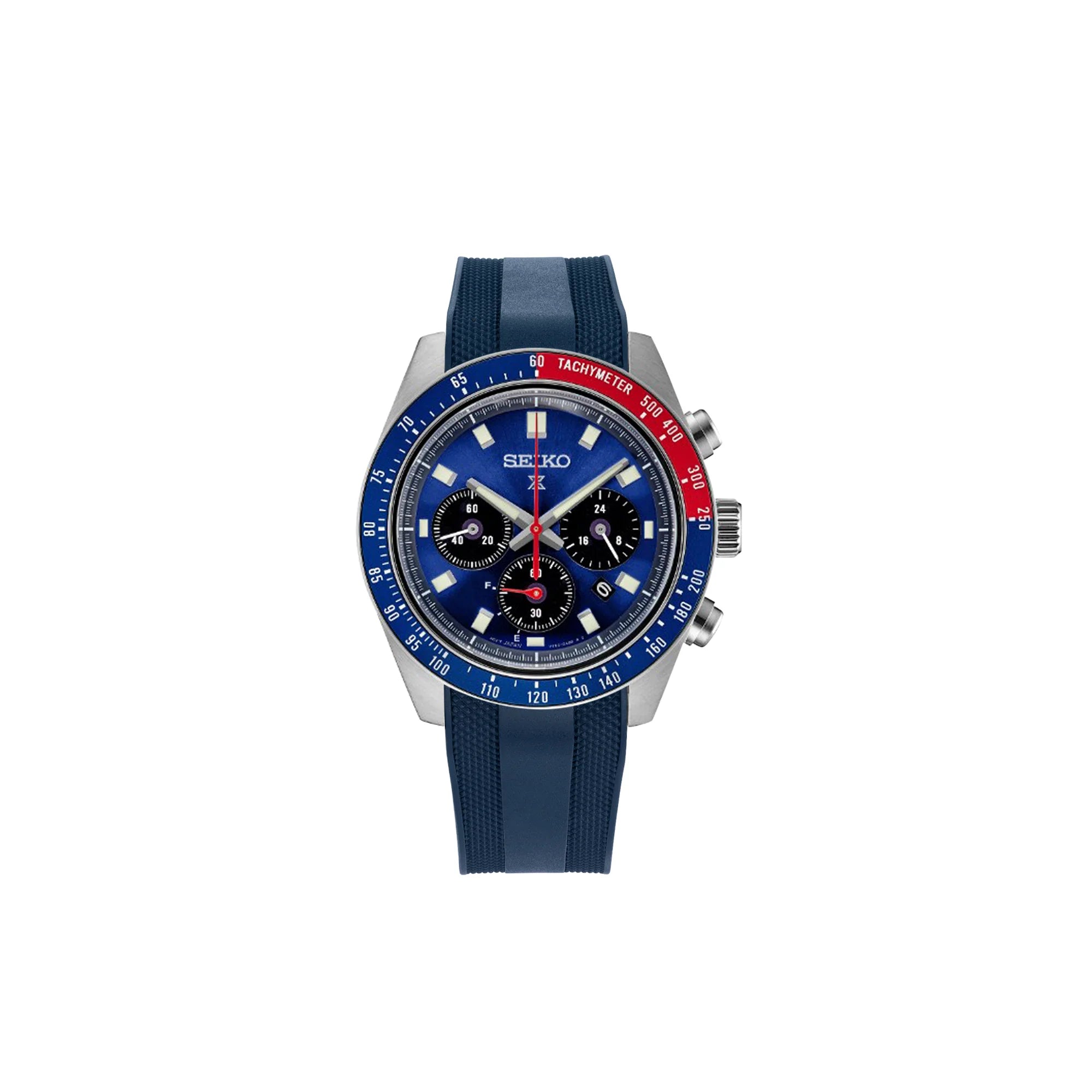 Seiko Prospex SPEEDTIMER chronograph watch with blue dial, tachymeter bezel, and navy rubber strap