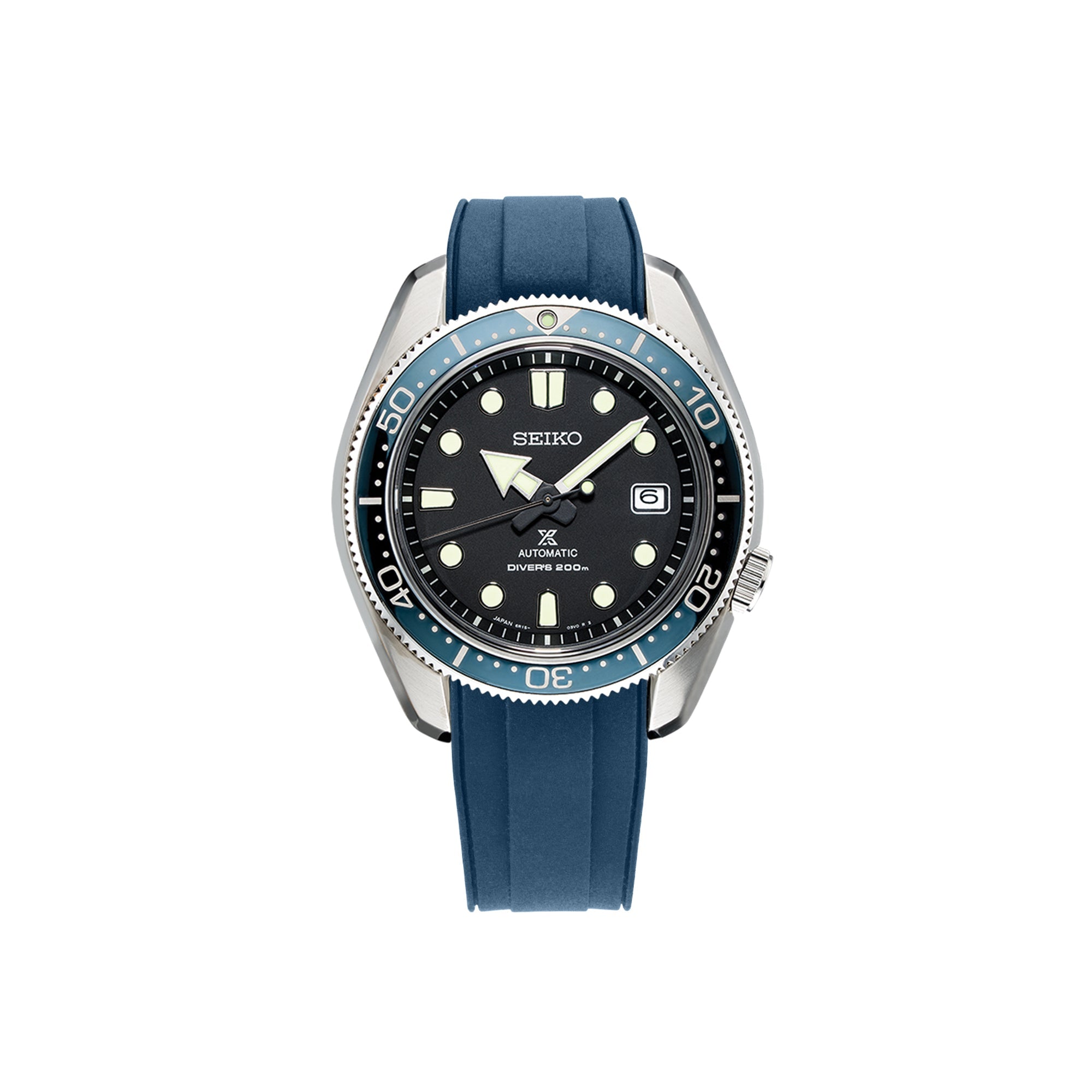 Seiko Prospex automatic dive watch with black dial, blue bezel, stainless steel case, and blue rubber strap, 200m water resistant