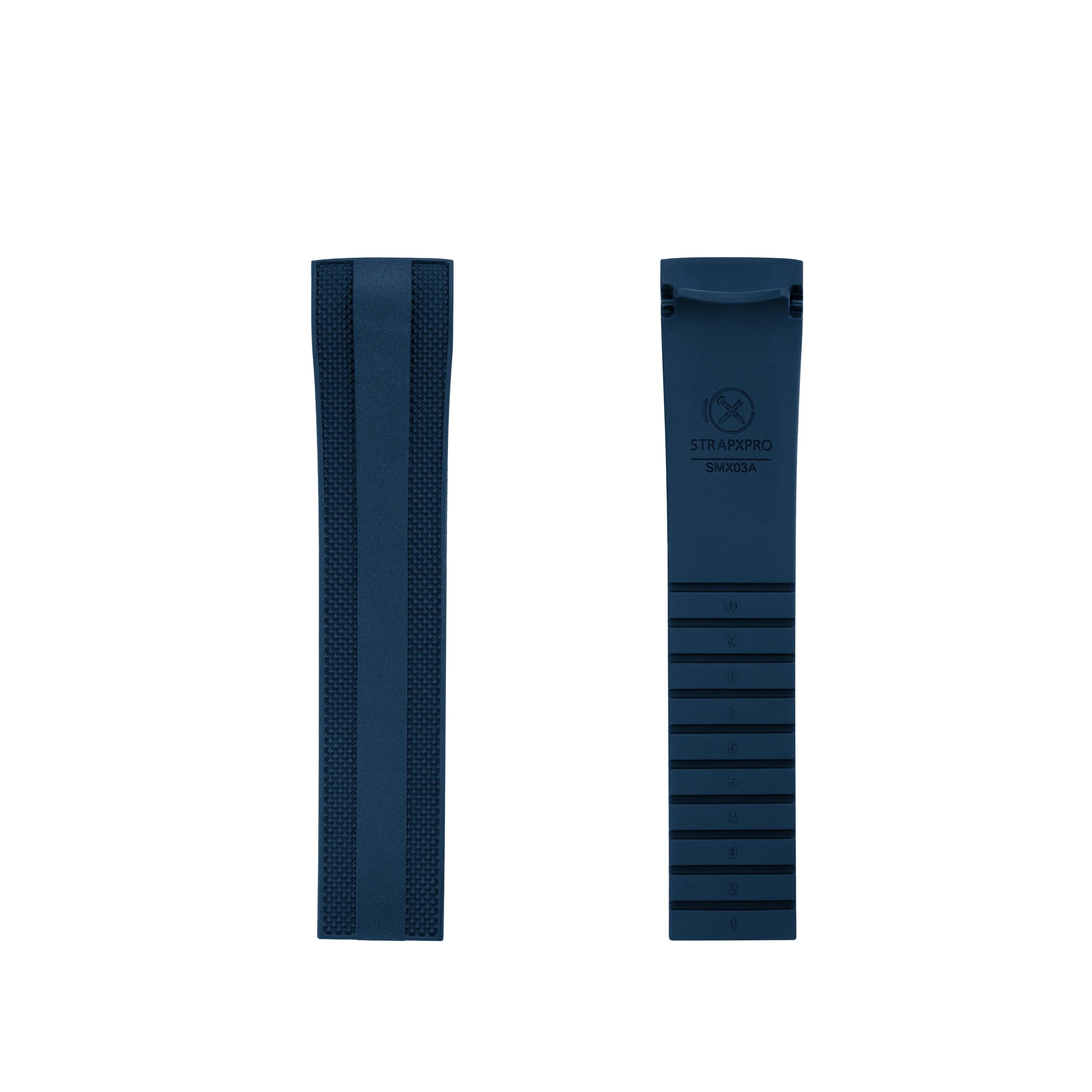 StrapXPro blue rubber strap with curved ends for Seiko Prospex SPEEDTIMER SSC813, shown front and back view