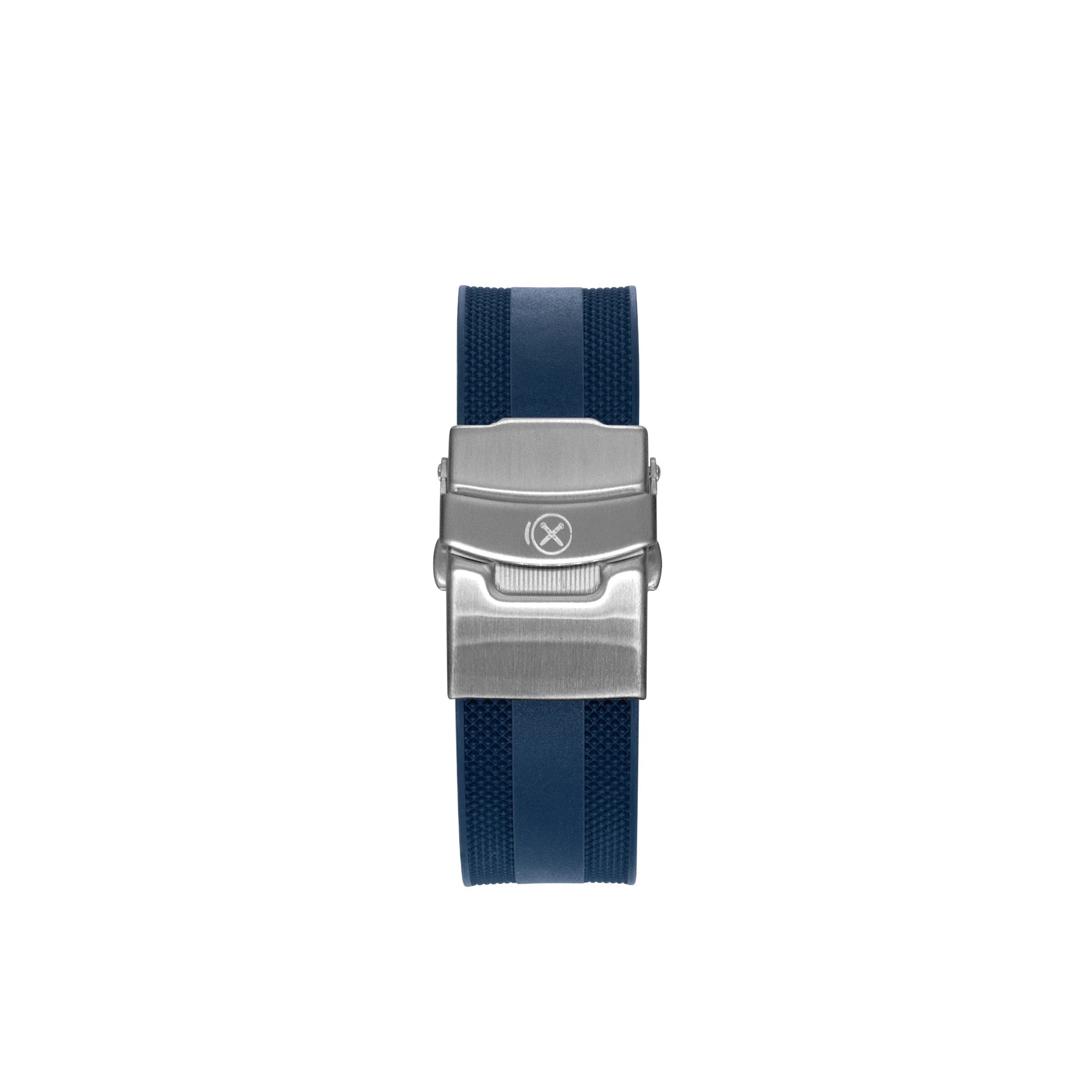 Navy blue rubber watch strap with curved ends and stainless steel buckle for Seiko Prospex SPEEDTIMER SSC813