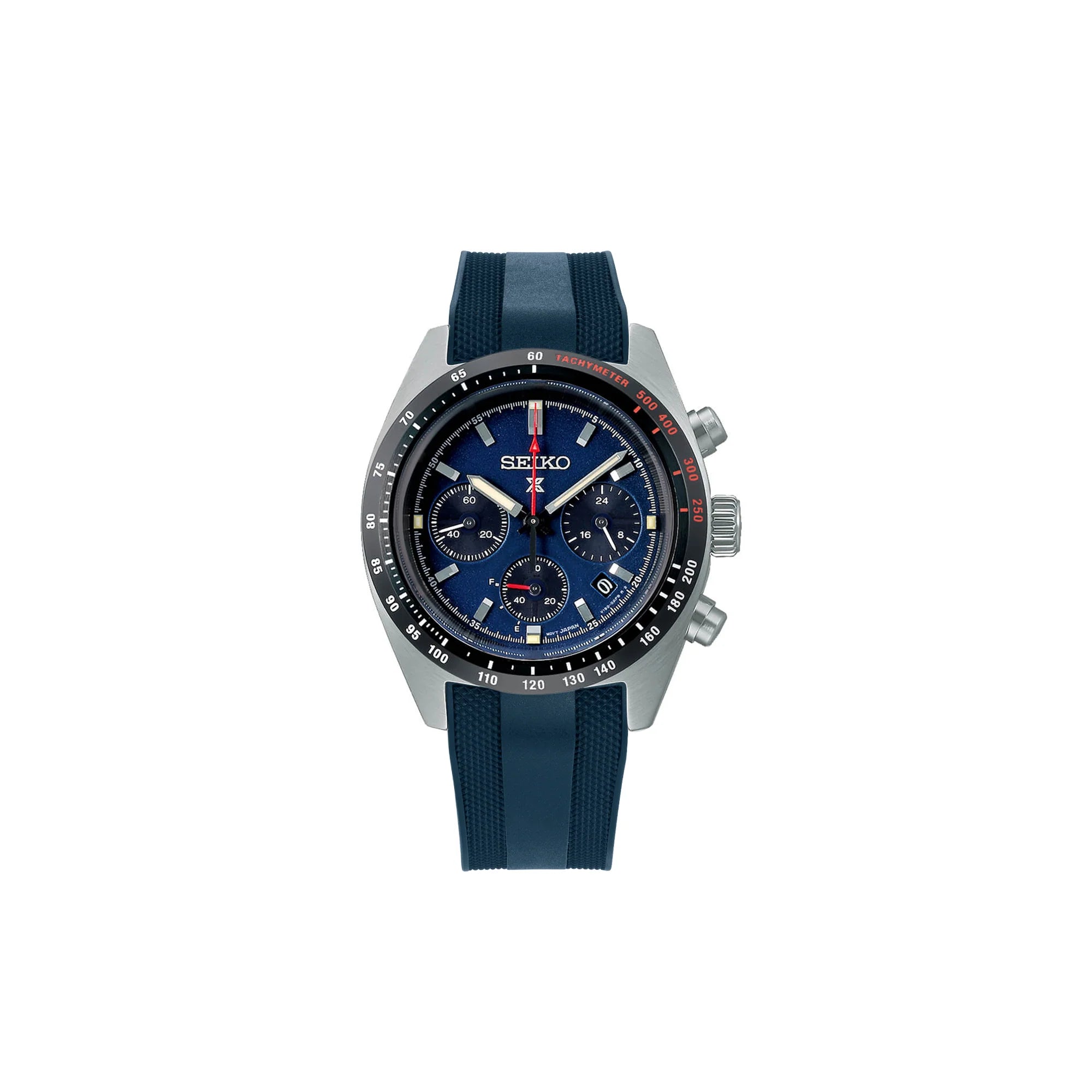 Seiko Prospex Speedtimer chronograph watch with blue dial, steel case, tachymeter bezel, and dark blue rubber strap