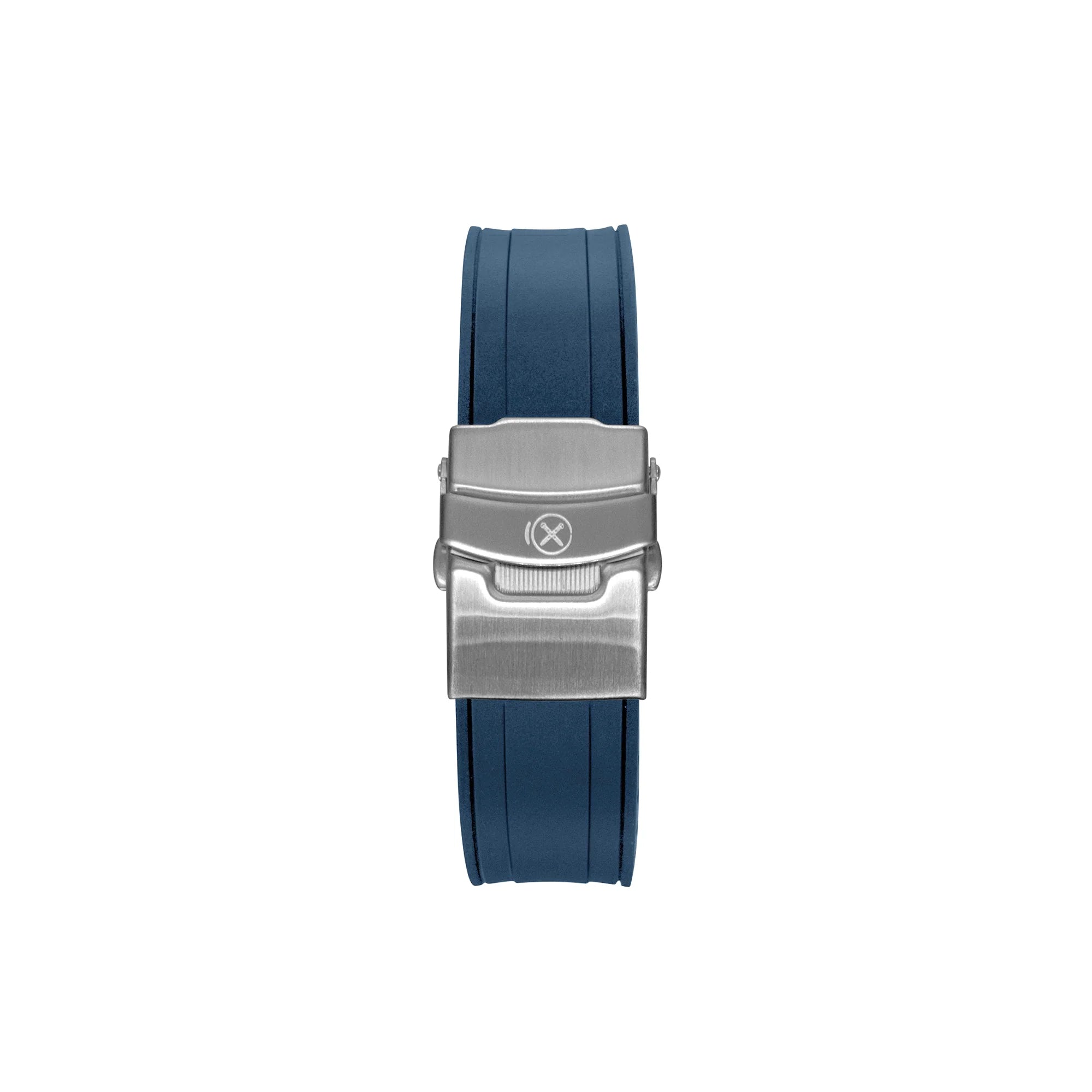 Blue rubber dive strap with curved ends and brushed steel deployment clasp for Seiko Prospex Turtle watch