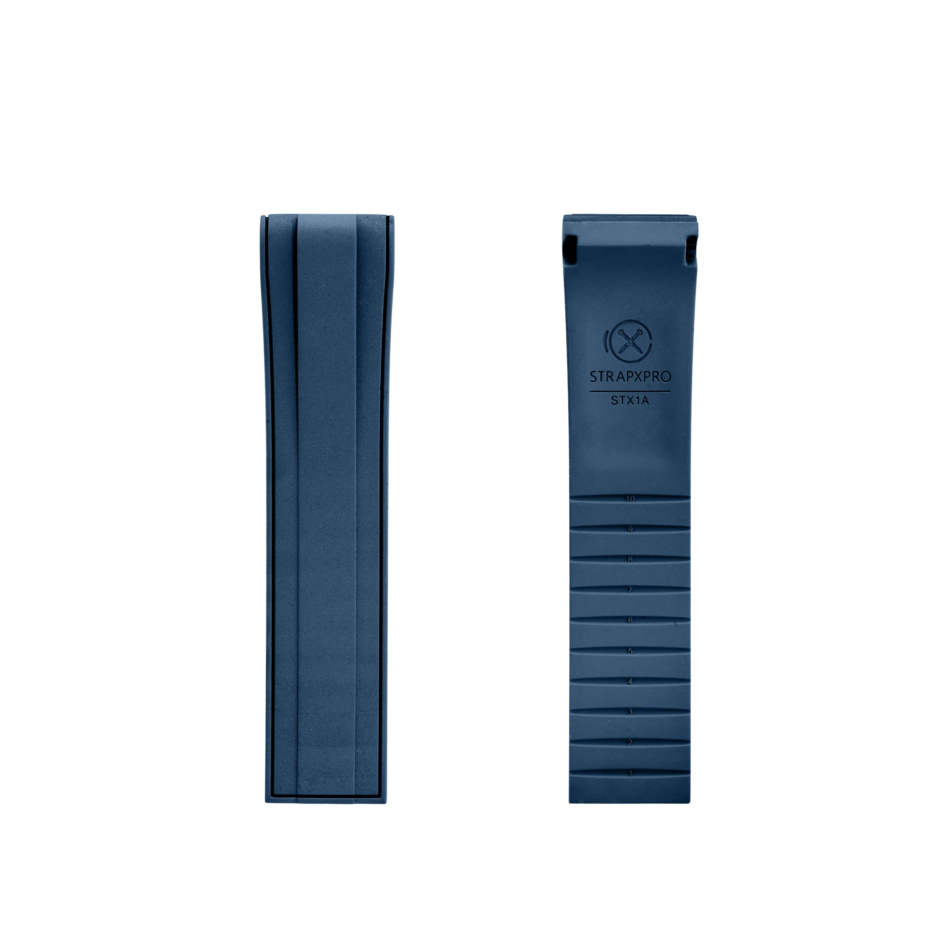 StrapXPro STX1A blue rubber strap with curved ends for Seiko Prospex Turtle, front and back view