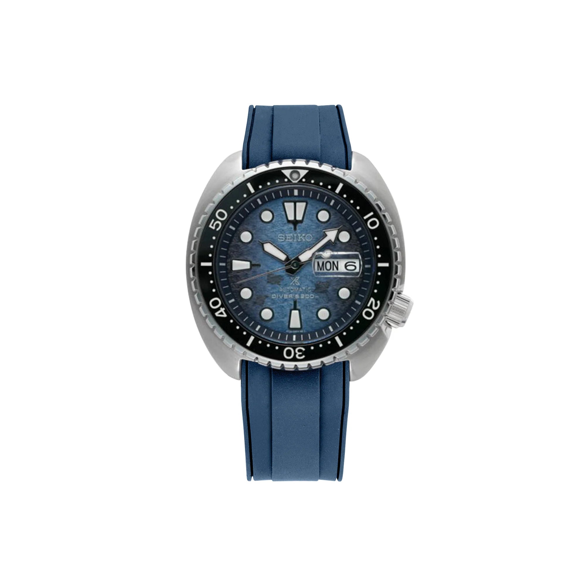 Seiko Prospex Turtle dive watch with blue dial, stainless steel case, black bezel, and blue rubber strap with curved ends