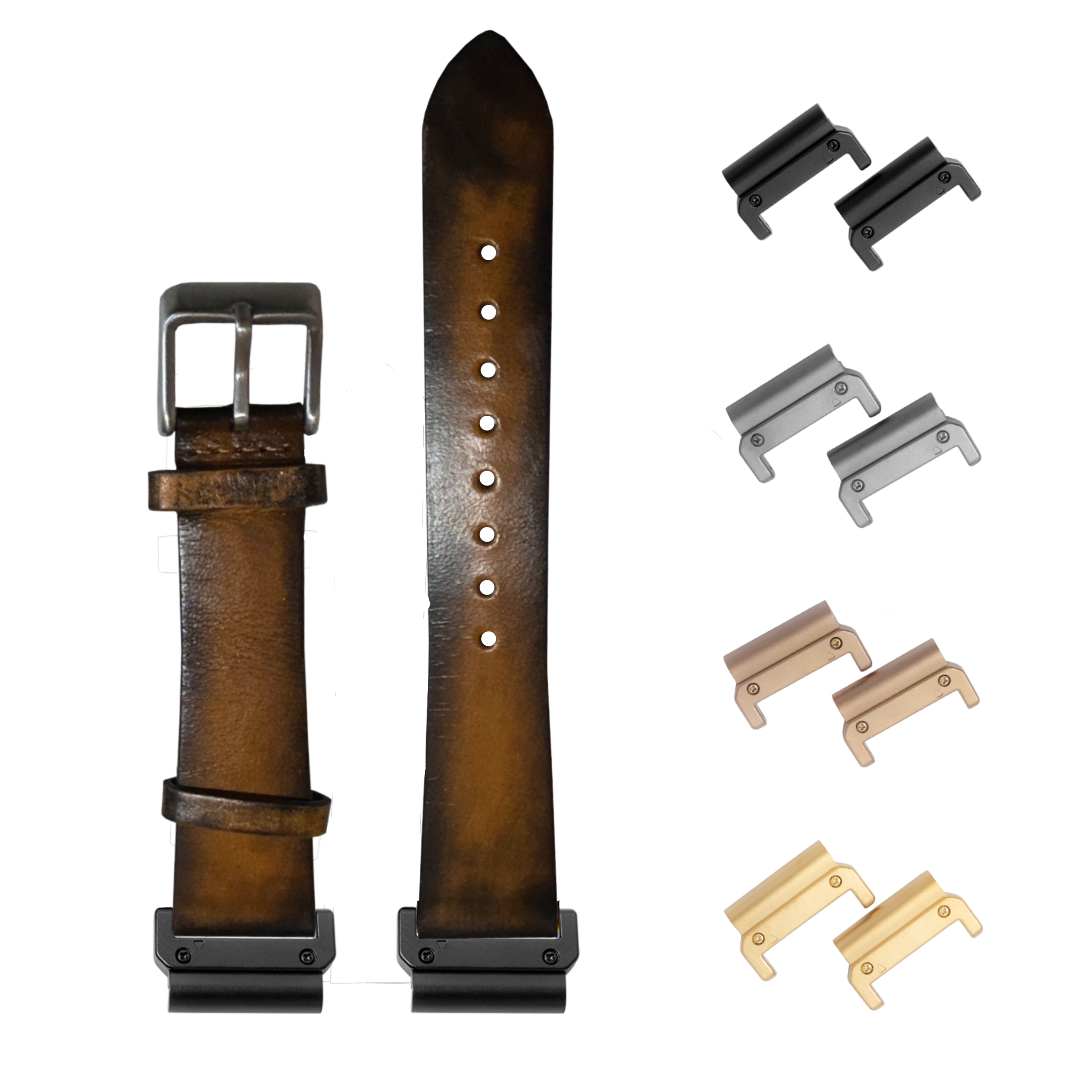Smoked yellow vintage leather QuickFit watch band 26mm with interchangeable metal lugs in black, silver, bronze and gold finishes