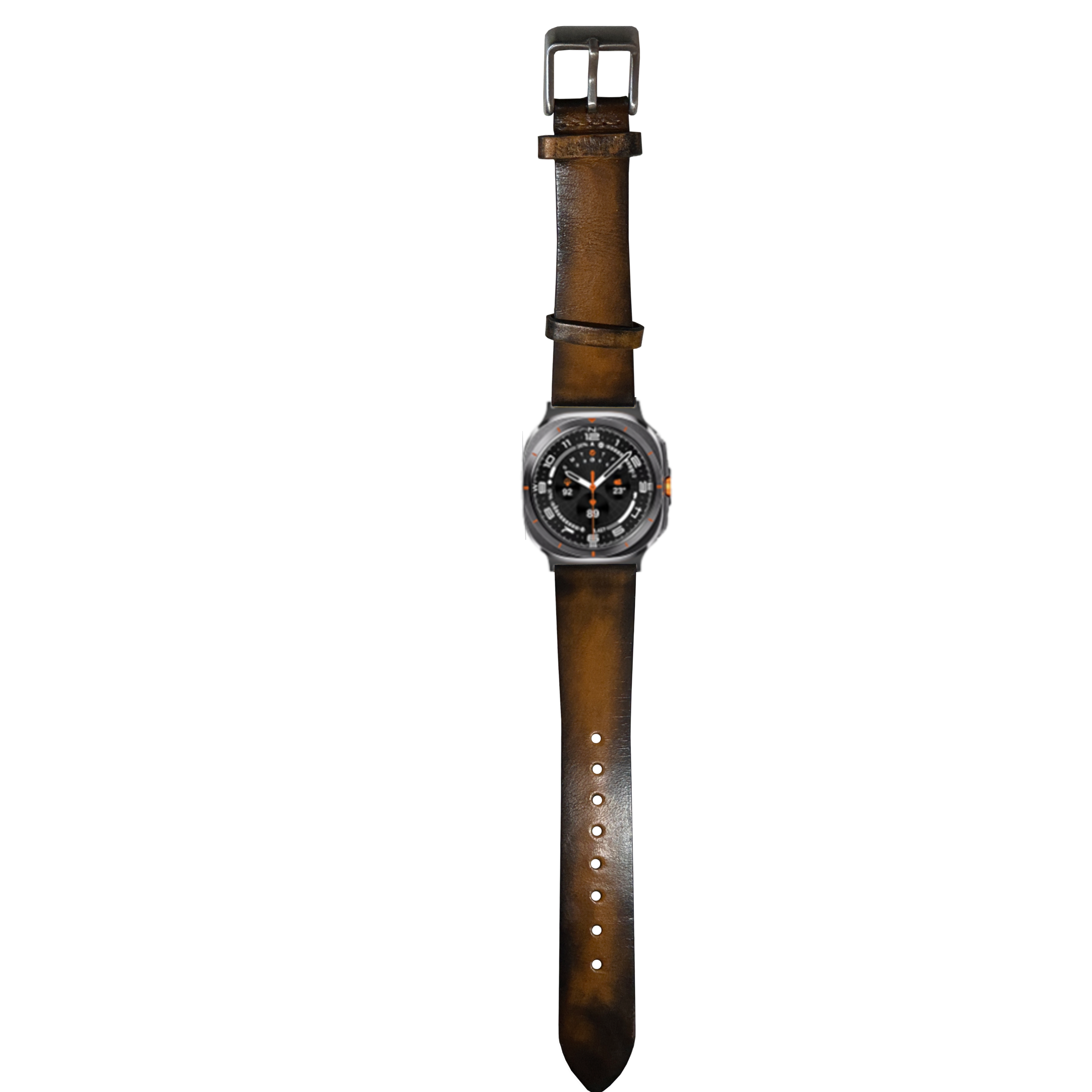Vintage smoked yellow leather watch band with gunmetal square case and black chronograph dial on white background