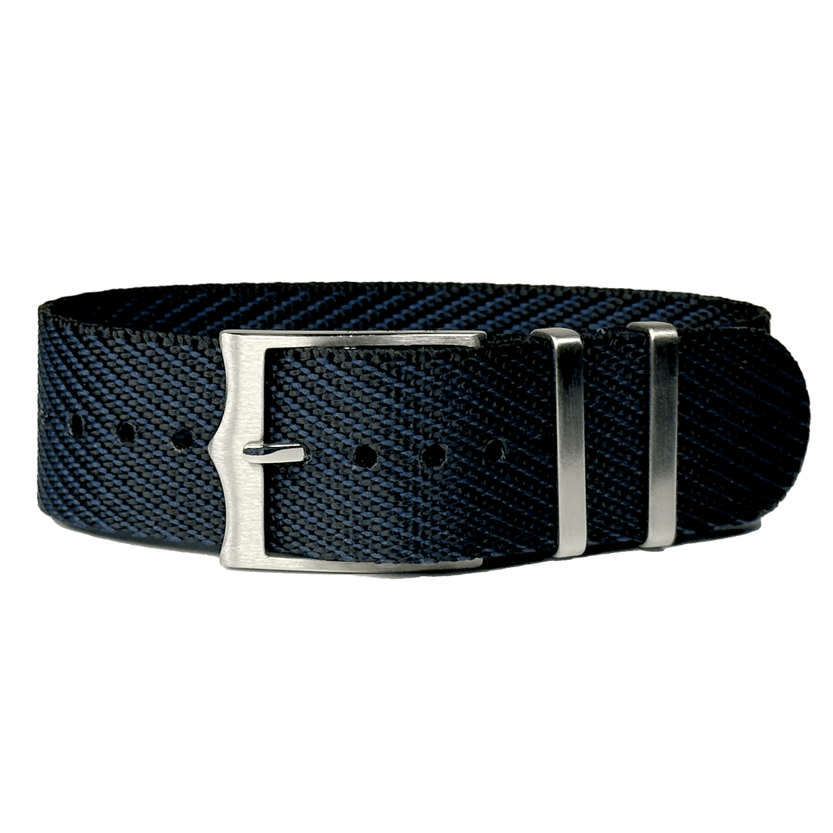 Adjustable night blue fabric belt with silver buckle and metal loops