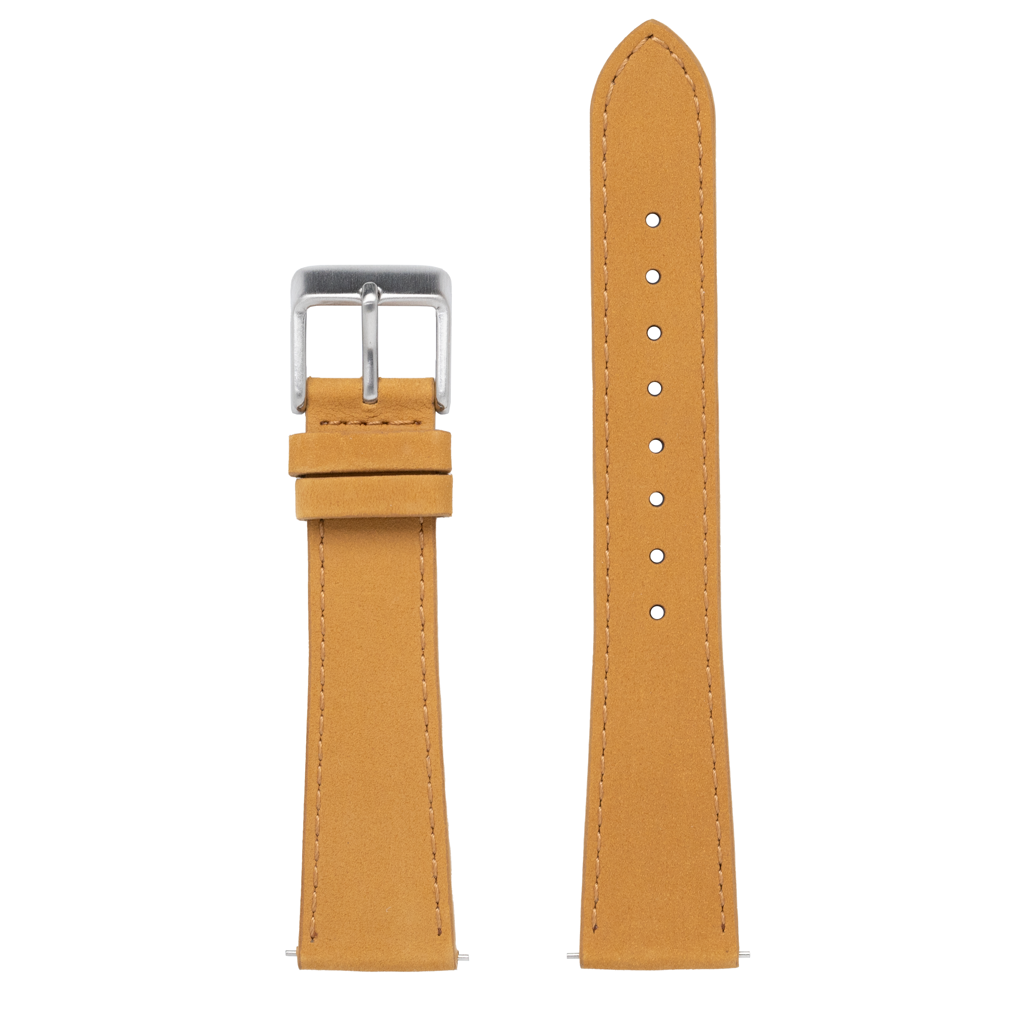 Tan nubuck leather watch band 22mm with silver buckle and white stitching, quick fit replacement strap