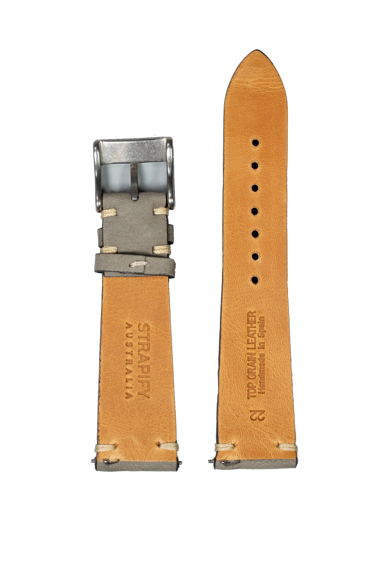 Tan nubuck leather watch strap with grey buckle and cream stitching for Fitbit Versa and Sense smartwatches
