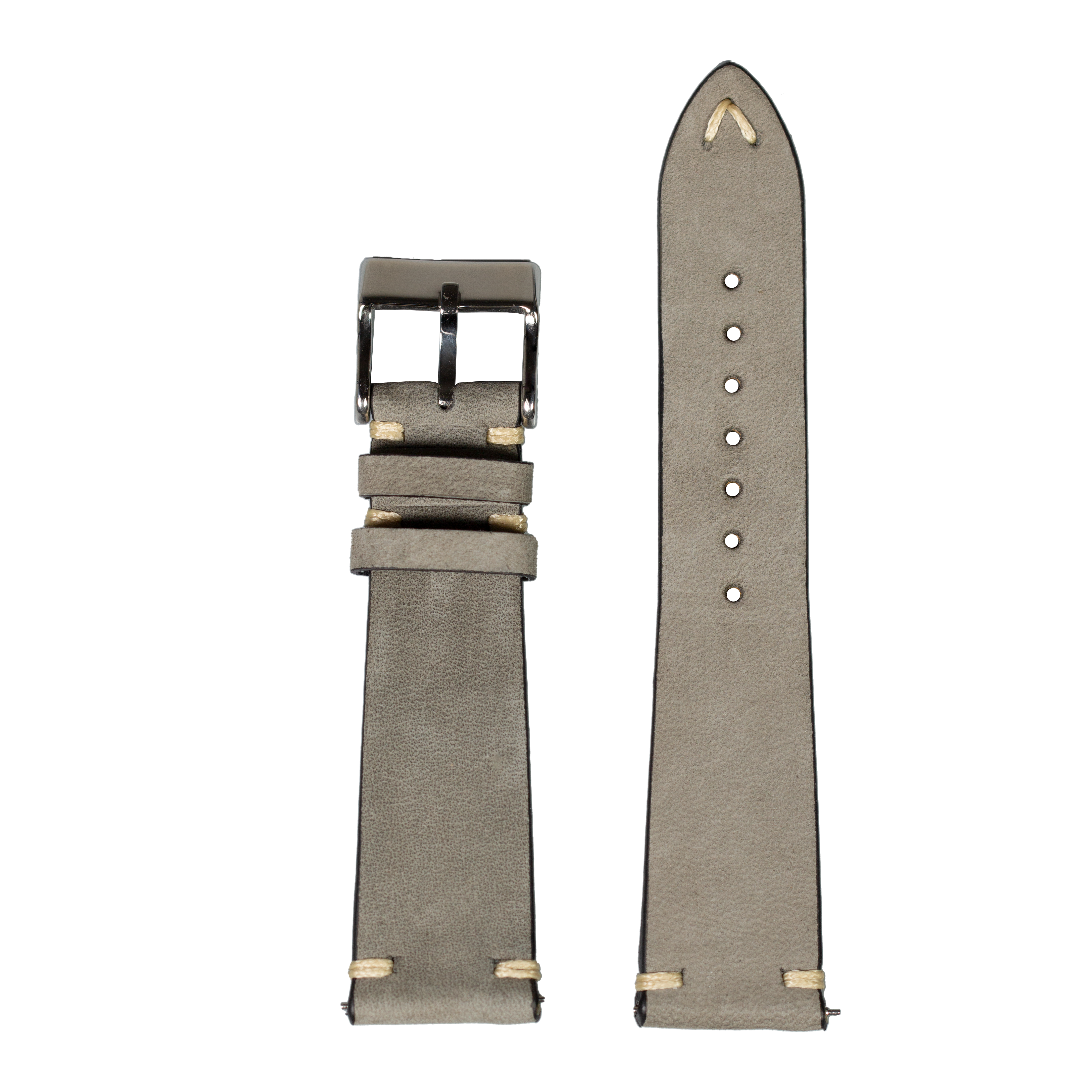 Grey nubuck leather quick release watch strap with vintage knotted design and silver buckle