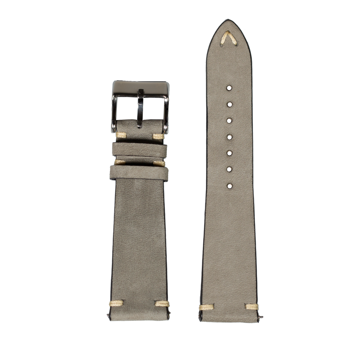 Grey nubuck leather watch strap with silver buckle for Fitbit Versa and Sense smartwatches, featuring vintage knotted design and adjustable holes
