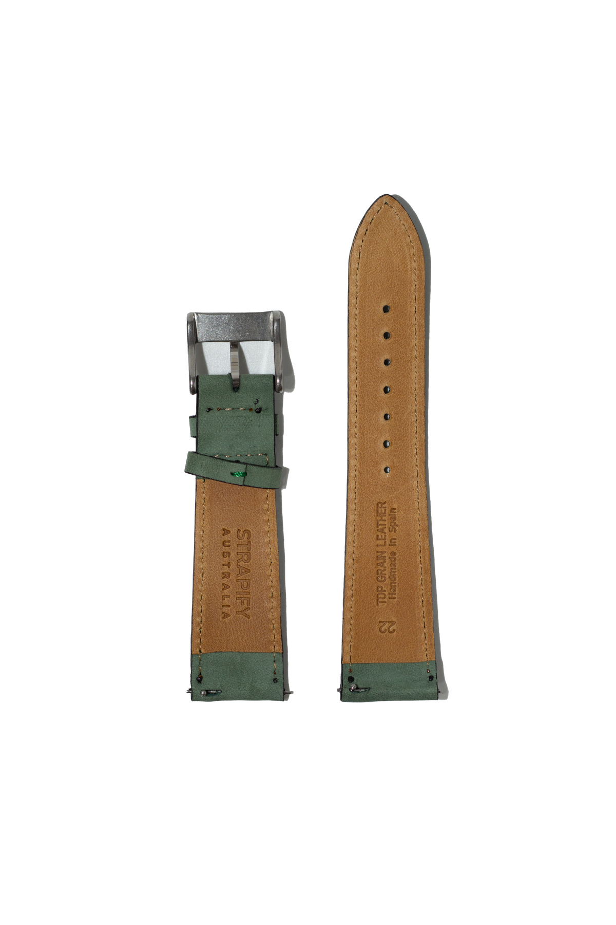 Tan nubuck leather watch strap with green trim and metal buckle for Fitbit Versa and Sense smartwatches