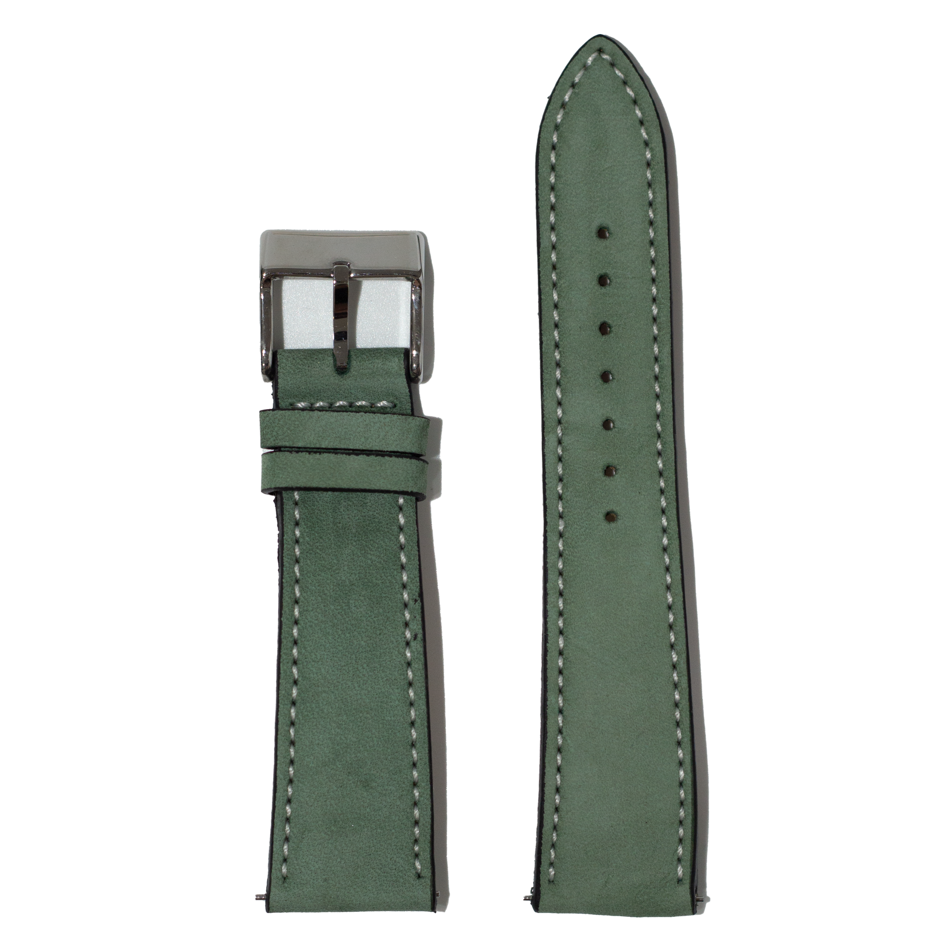 Mint green nubuck leather watch strap 22mm with white contrast stitching and gunmetal buckle