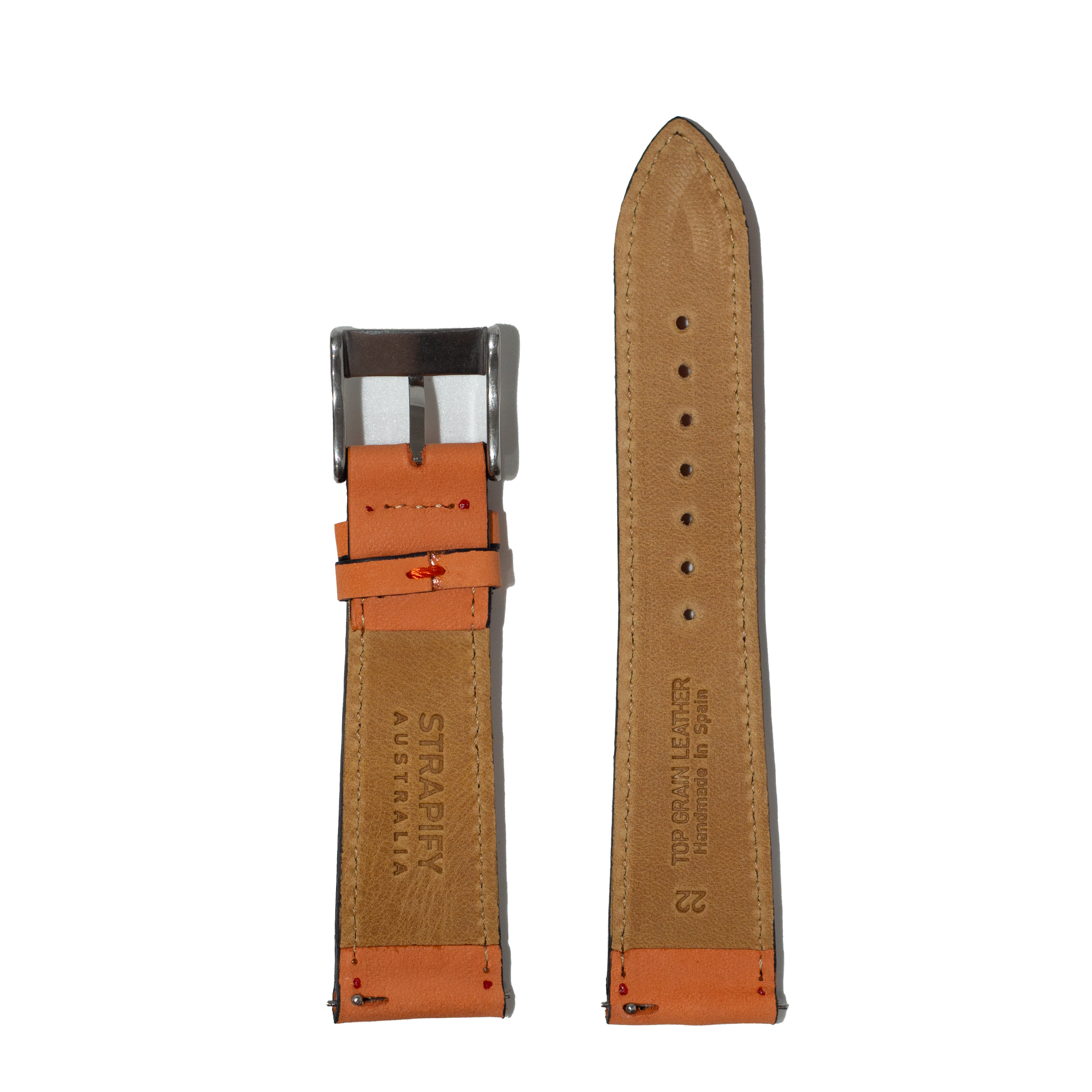 Sunburst orange quick release nubuck leather watch strap with tan suede lining and stainless steel buckle