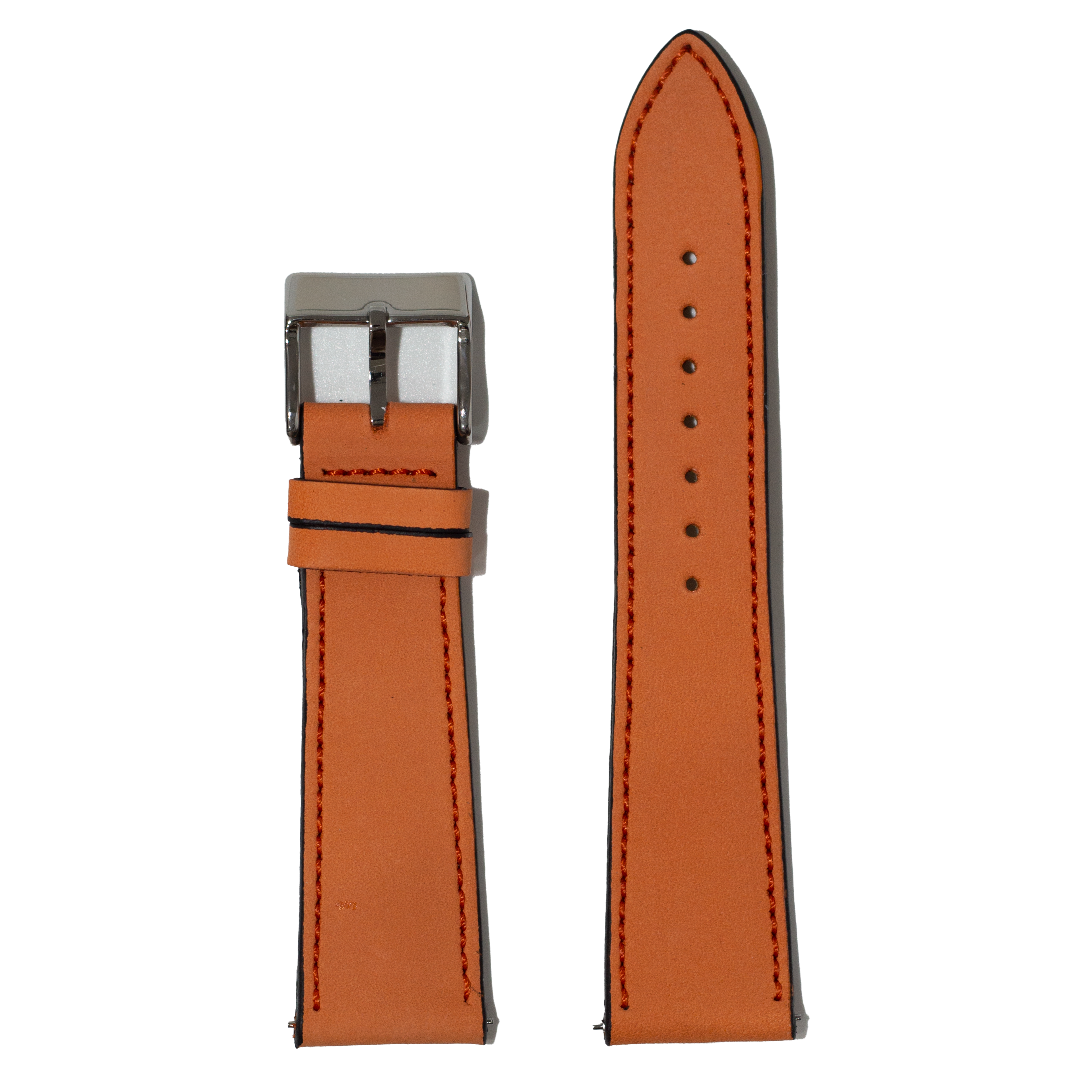Tan nubuck leather quick release watch strap with contrast stitching and stainless steel buckle, shown folded and unfolded