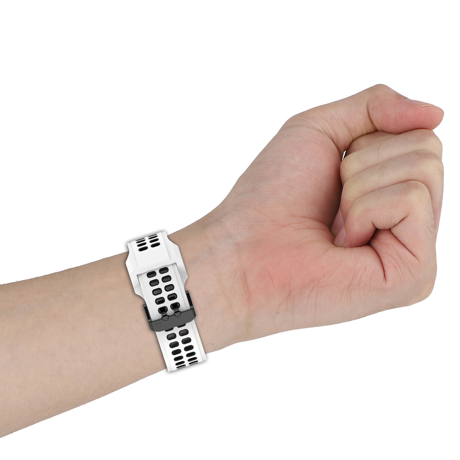 White and black silicone sports watch band with perforated pattern, 20mm quick-fit strap on wrist