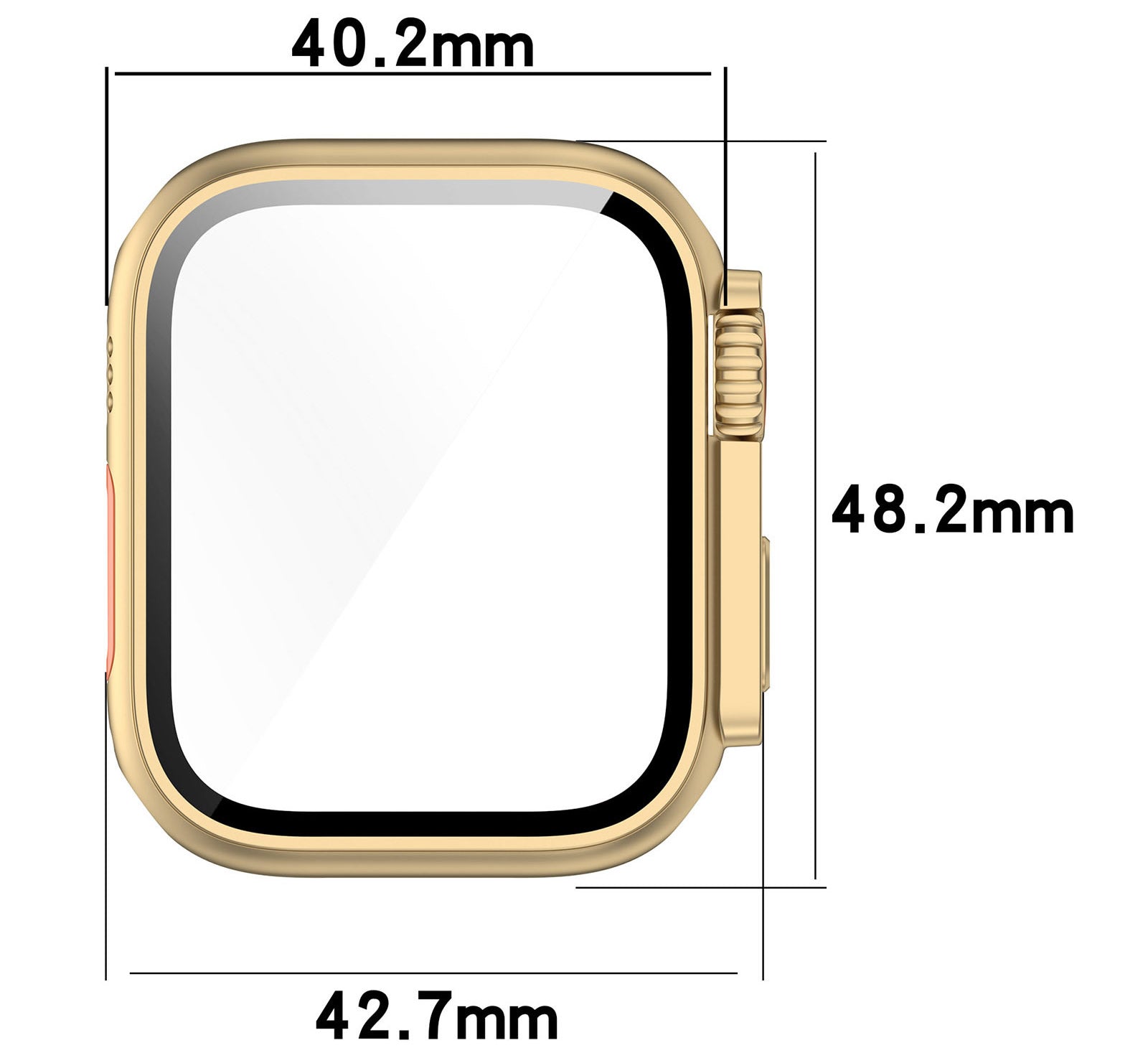 Gold stainless steel protective case for Apple Watch 40mm with rounded square design and dimension measurements