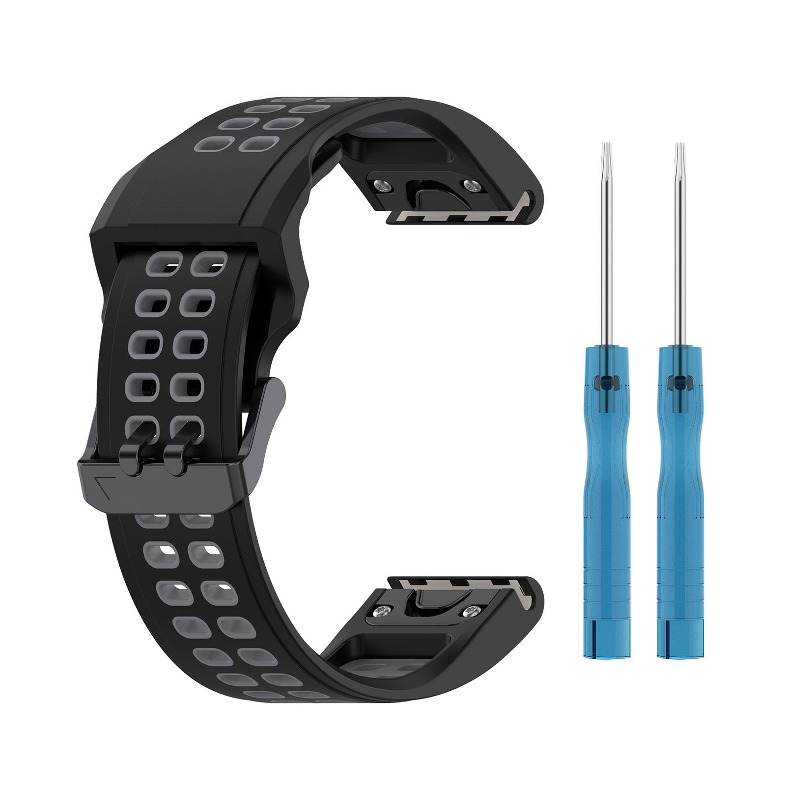 Black perforated silicone sports watch band with gray accents, QuickFit 20mm connector, includes two blue screwdrivers for strap adjustment