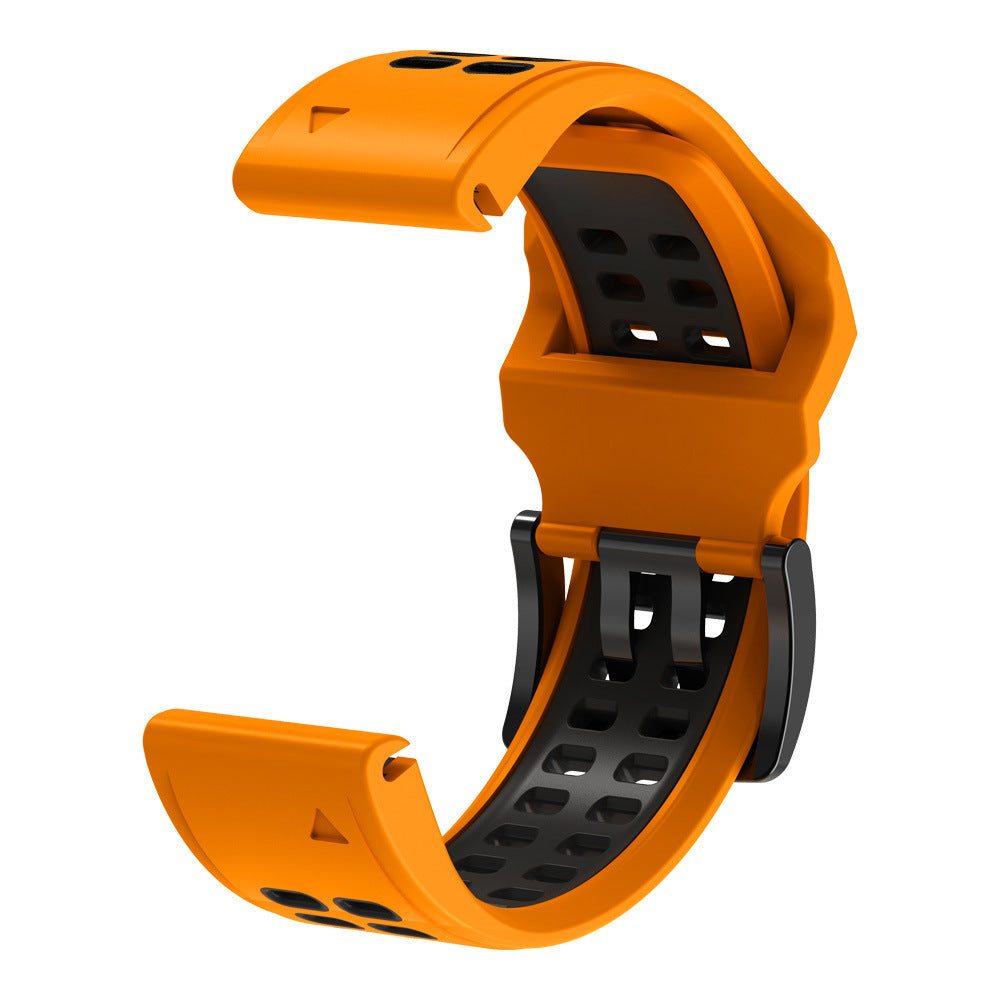 Bright orange silicone sports watch band with black ventilation holes and quick-release pins for easy attachment