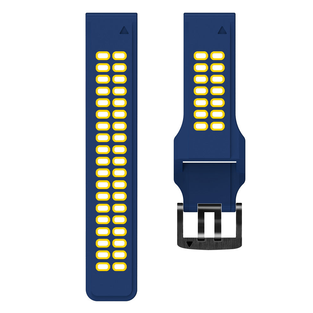 Dark blue silicone sports watch band with yellow button details and quick-fit connector, shown flat and folded views