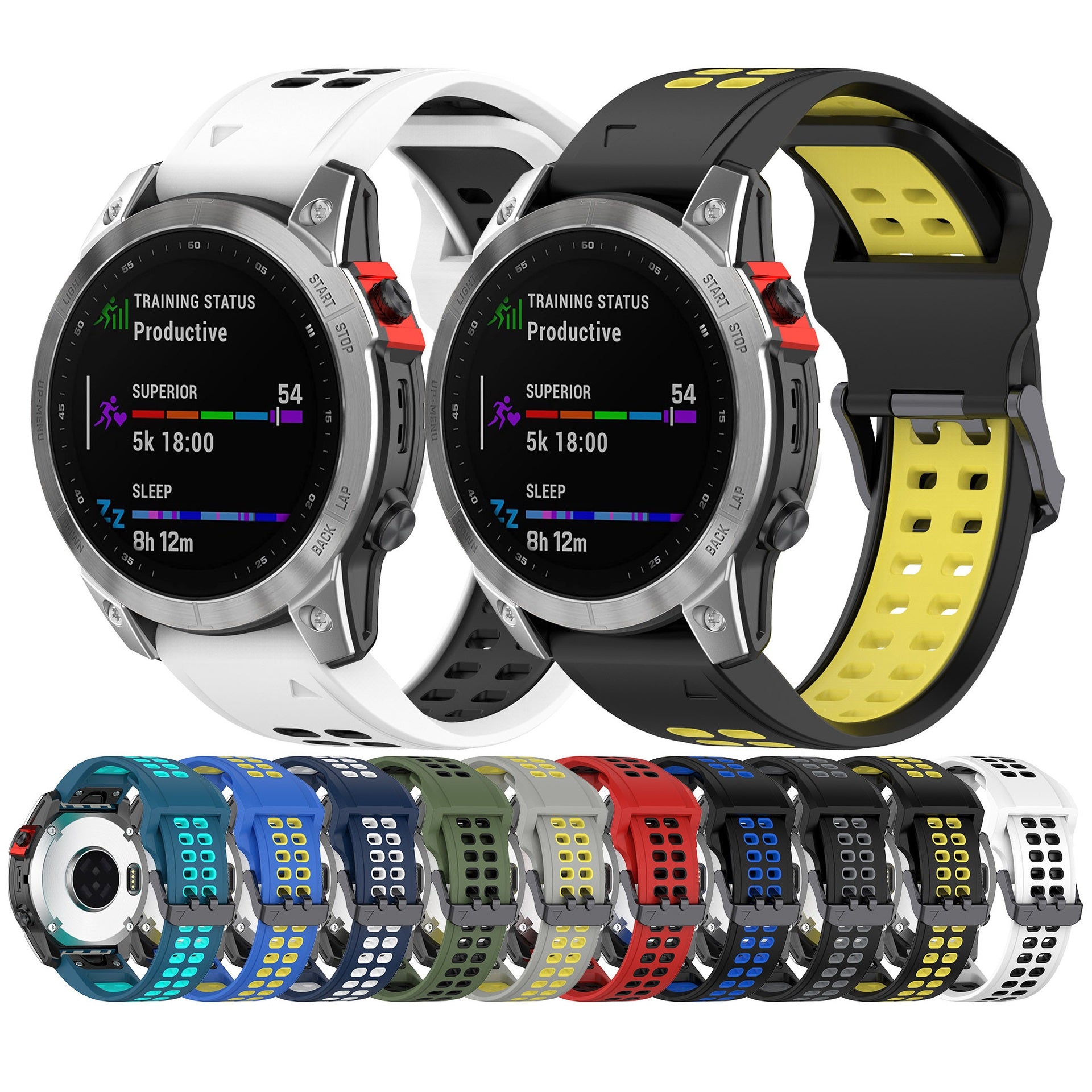 Sports smartwatch with QuickFit silicone band in multiple colors, displaying training status and sleep metrics on AMOLED screen