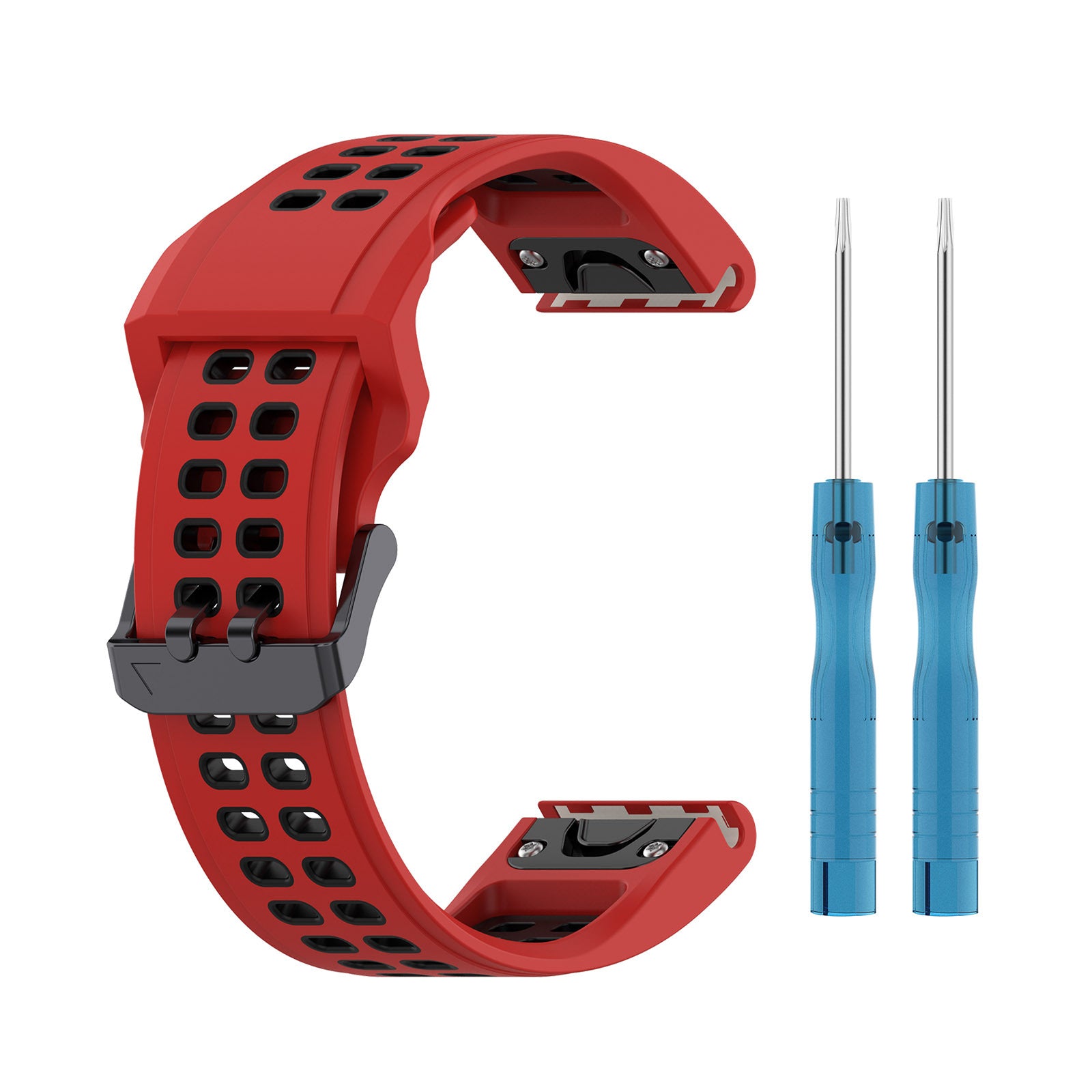 Red perforated silicone sports watch band with quick-fit pins and blue removal tool kit for 20mm watch lugs