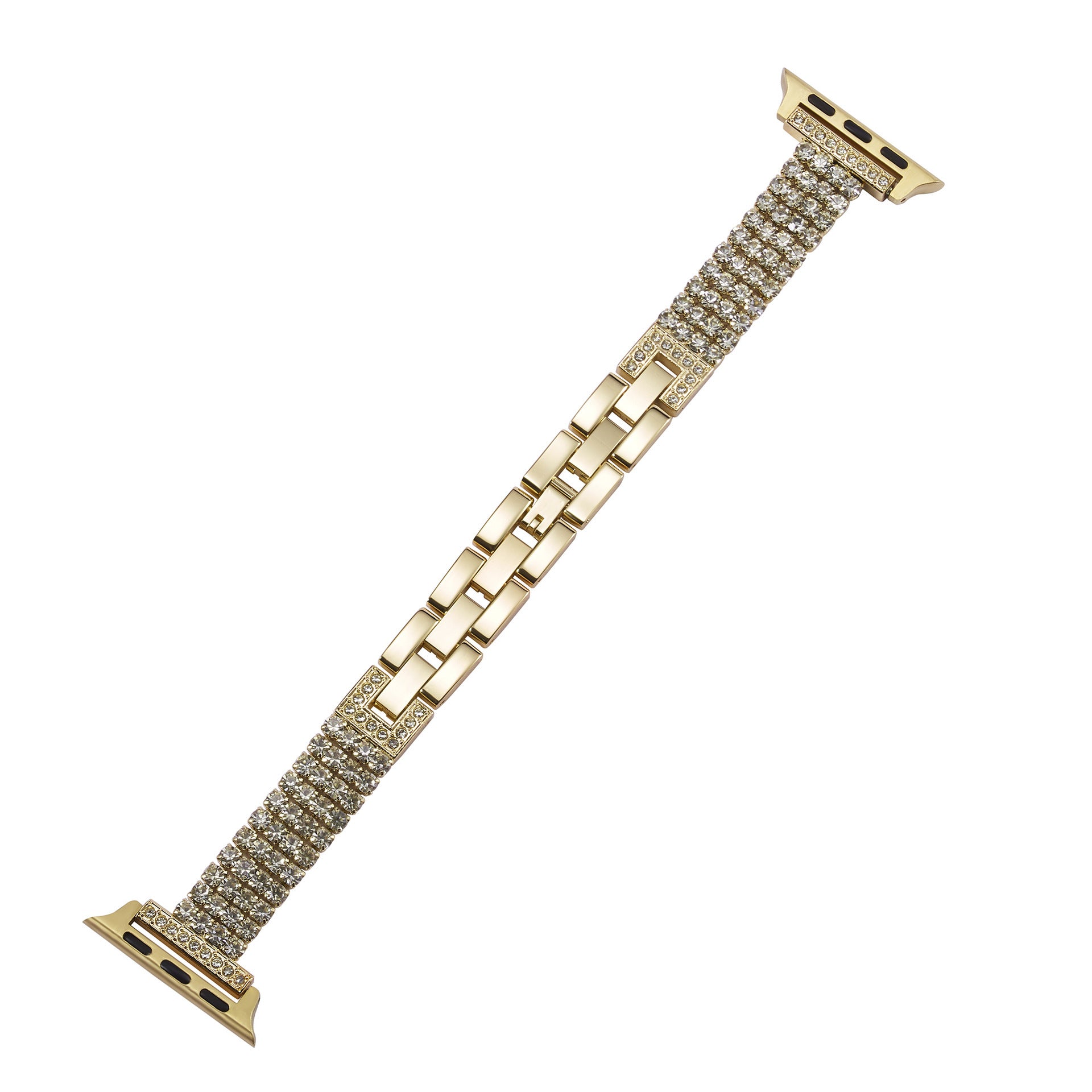 Gold crystal rhinestone smartwatch band with adjustable metal links and connector adapters for Apple Watch