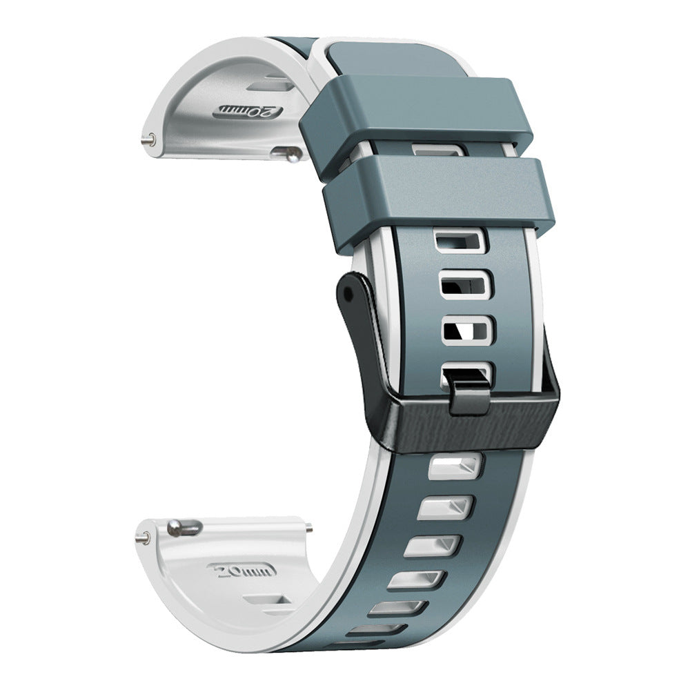 Two-tone silicone smartwatch band with quick release, gray and white strap with black hardware and clasp