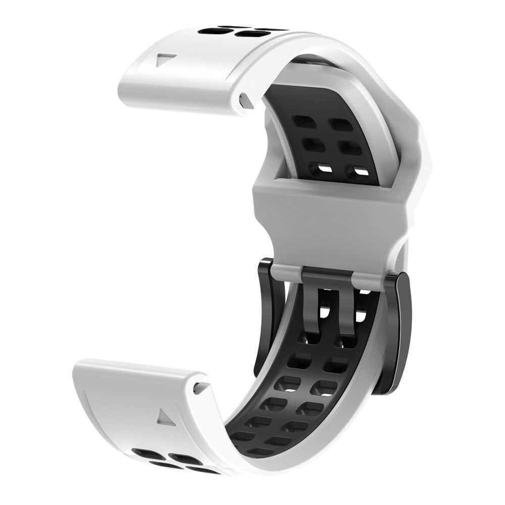 White and black silicone sports watch band with QuickFit quick-release mechanism and drainage holes