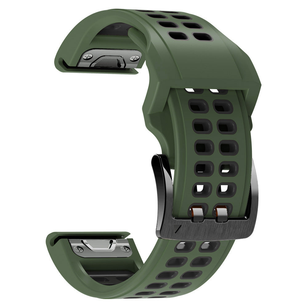 Green silicone sport watch band with ventilation holes and quick-fit connector, isolated on white background
