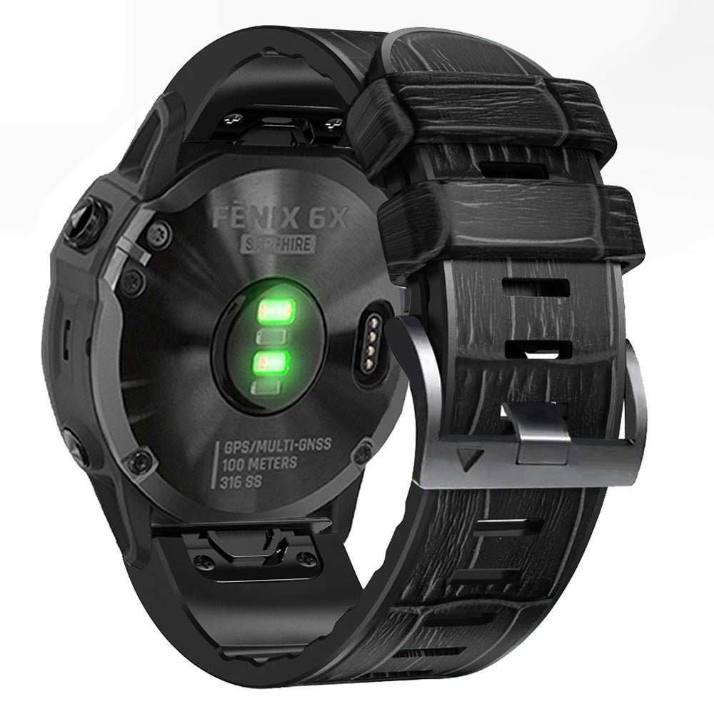 Fenix 6X Sapphire smartwatch with green illuminated display, black alligator leather hybrid QuickFit band, GPS multi-GNSS, water resistant