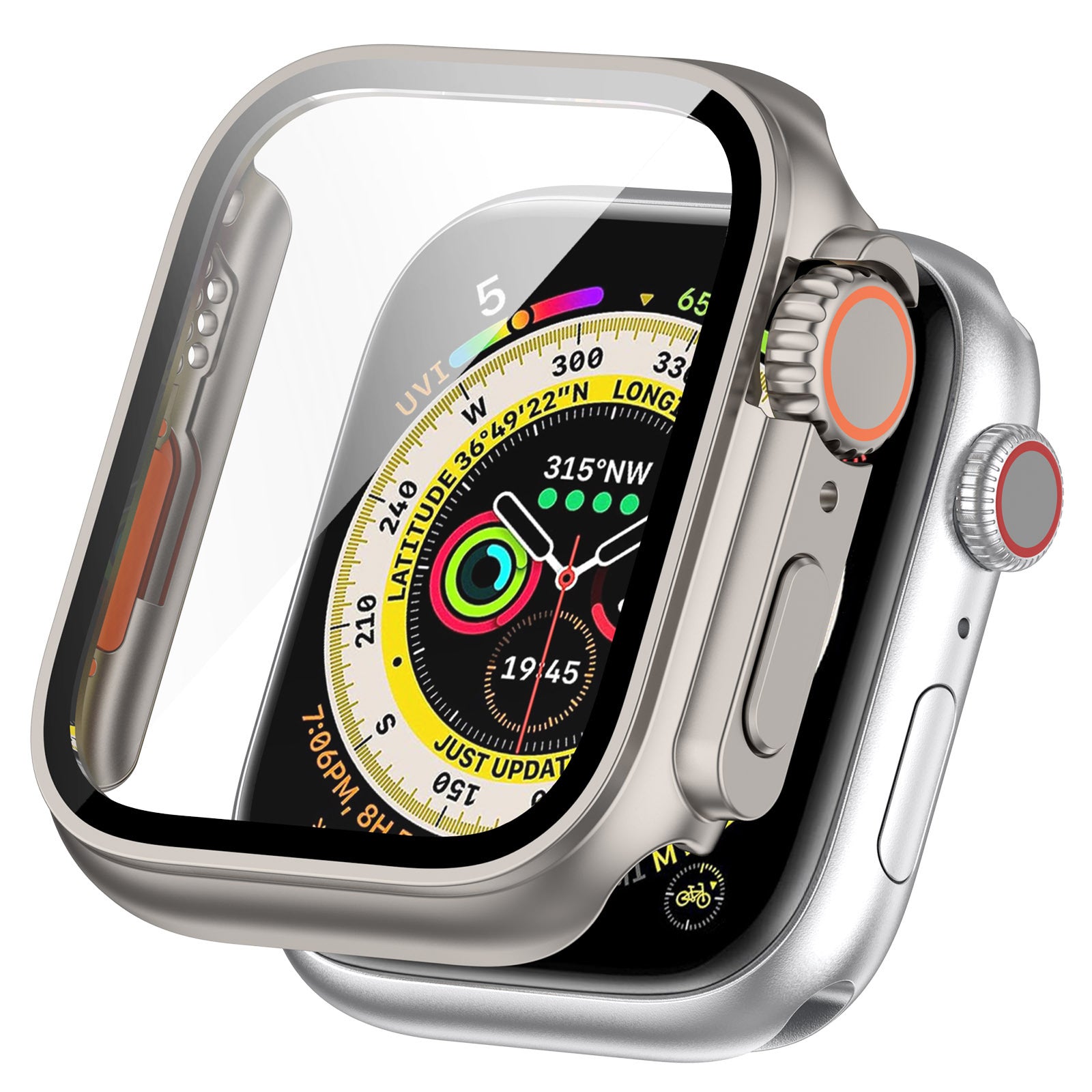 Silver protective case for Apple Watch Ultra with compass dial display and red digital crown accents