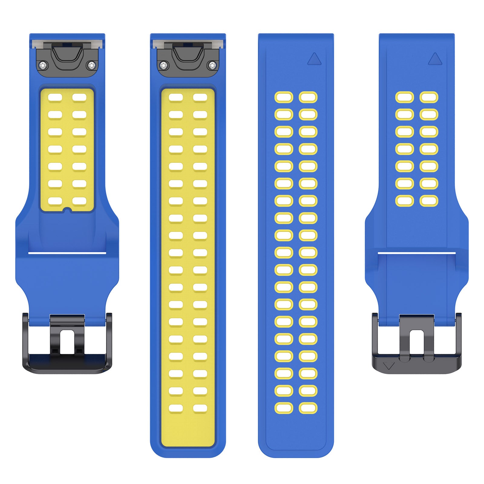Blue and yellow silicone sports watch band with quick-fit 20mm connector and multiple button vents, shown in four viewing angles