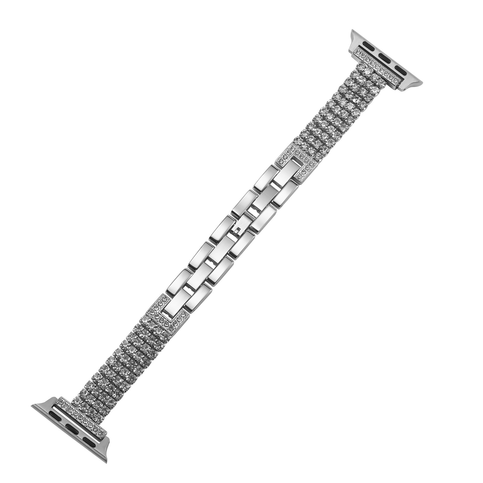 Silver diamond-textured Apple Watch band with metal links and connector clasp for smartwatch compatibility