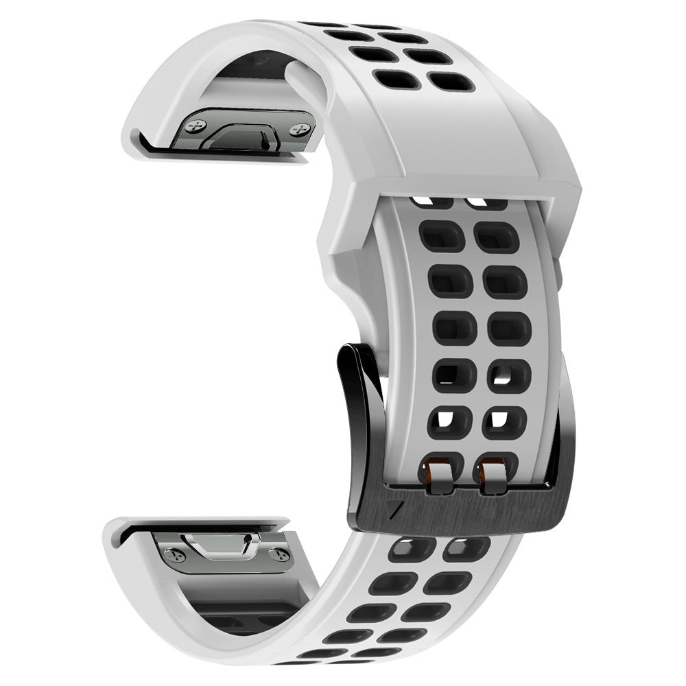 White and black perforated silicone sports watch band with quick-fit connectors and ventilation holes