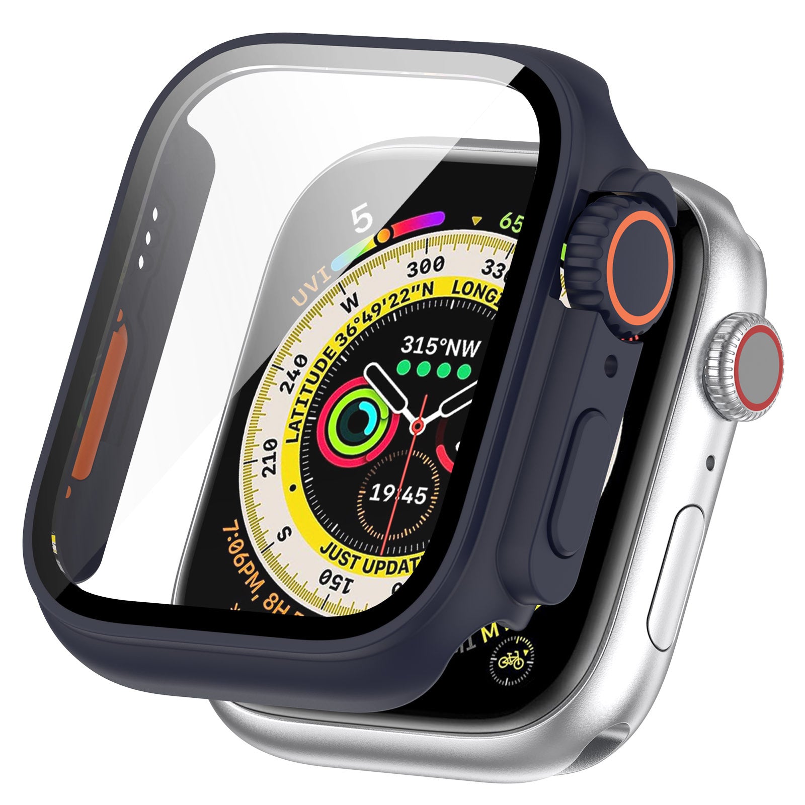 Protective case for Apple Watch Ultra with navy blue and orange design, featuring raised bezels and clear screen protector