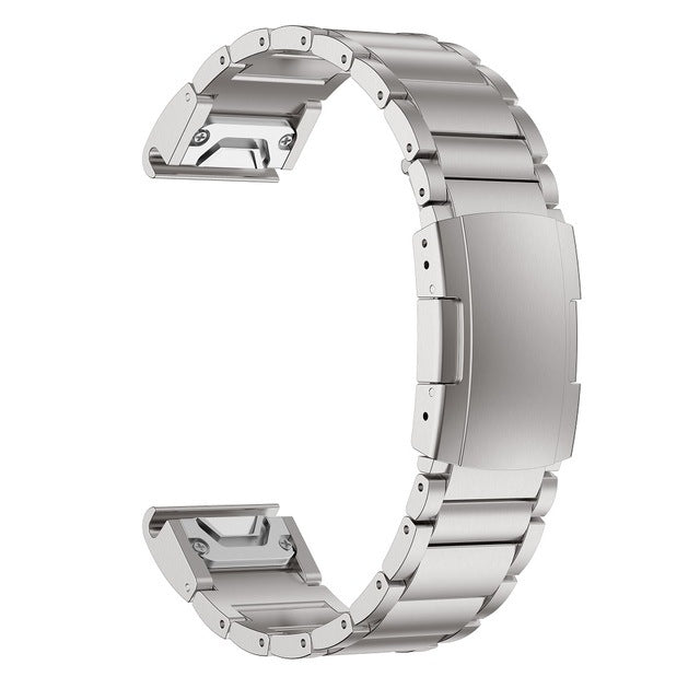 Titanium silver watch band with quick-fit connector, brushed metal links and secure clasp fastening