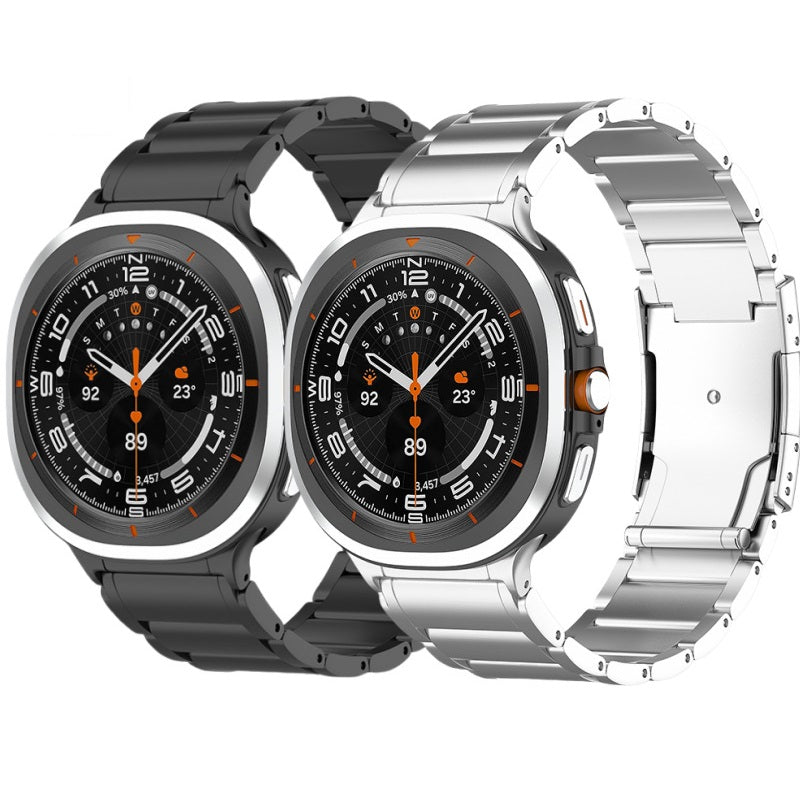 Galaxy Watch Ultra smartwatch with titanium bracelet in black and silver finishes, featuring orange accents and digital display