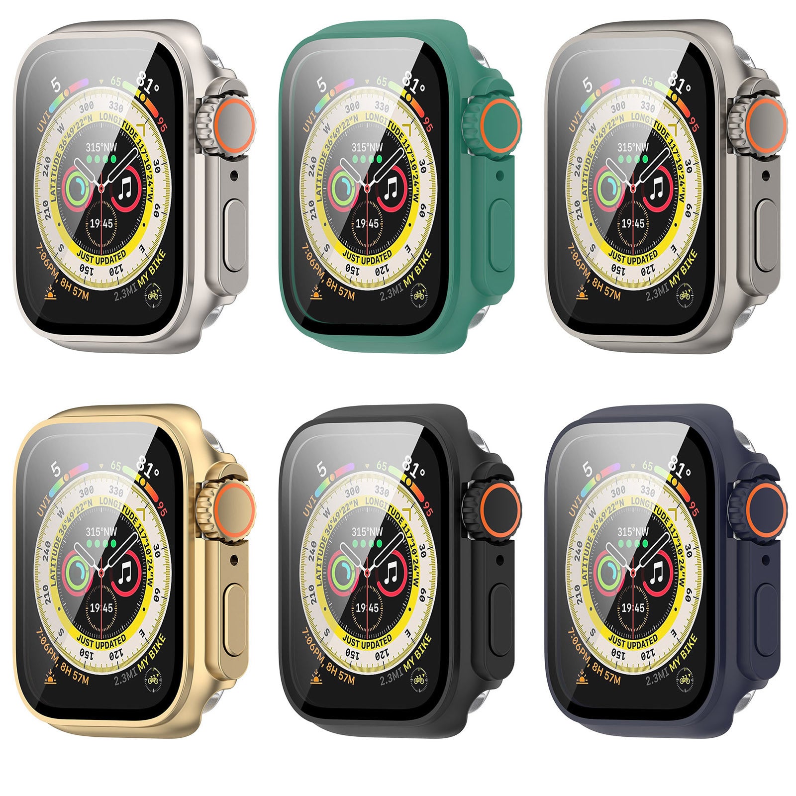 Protective smartwatch cases in six colors: silver, green, gold, black, and navy with compass dial display and orange crown accents