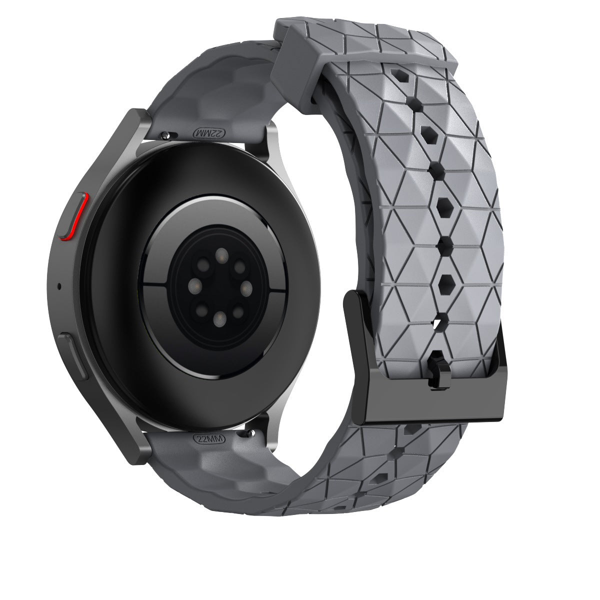 Gray silicone smartwatch band with geometric prism pattern and black quick release hardware connector