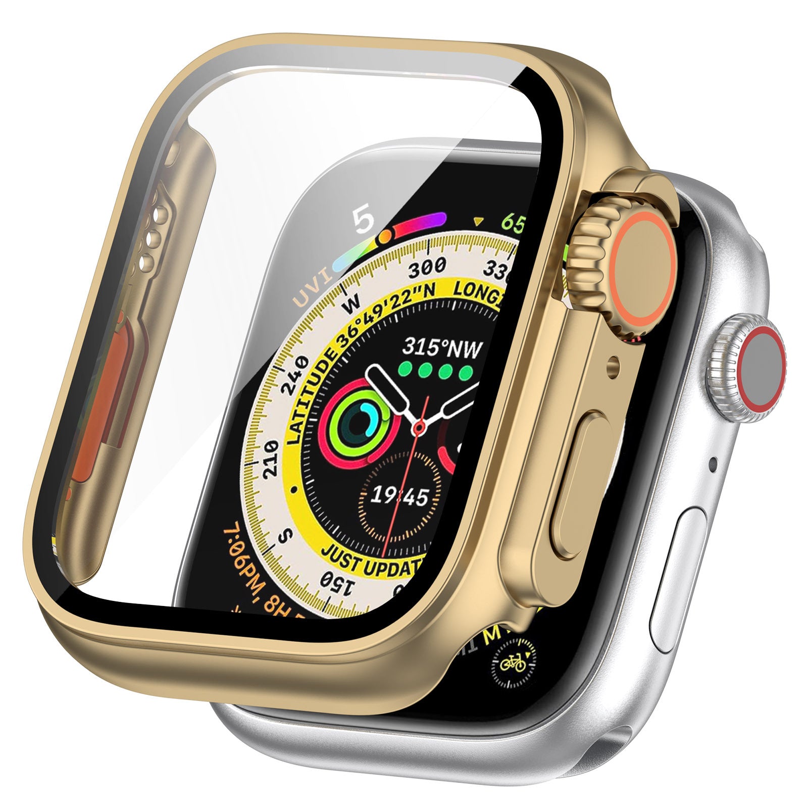 Gold protective case for Apple Watch with built-in screen protector and GPS compass watch face display